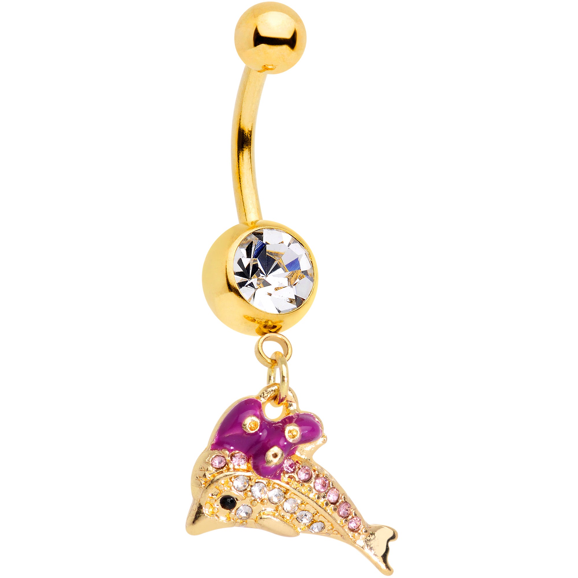 Clear Gem Gold Tone Dainty Dolphin Dangle Belly Ring