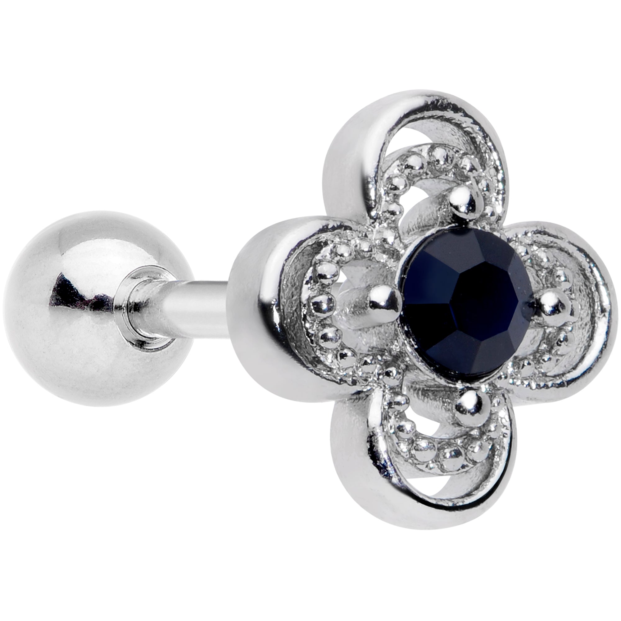 16 Gauge 1/4 Blue Gem Stylized Deco Cross Cartilage Tragus Earring