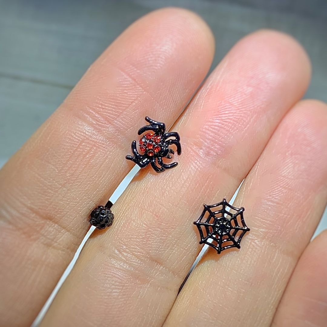 16 Gauge 1/4 Black Red Gem Spider Halloween Cartilage Tragus Set of 3