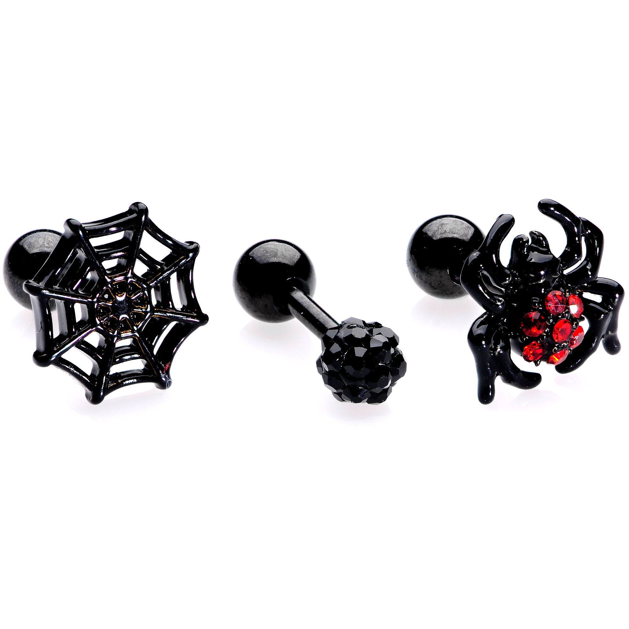 16 Gauge 1/4 Black Red Gem Spider Halloween Cartilage Tragus Set of 3