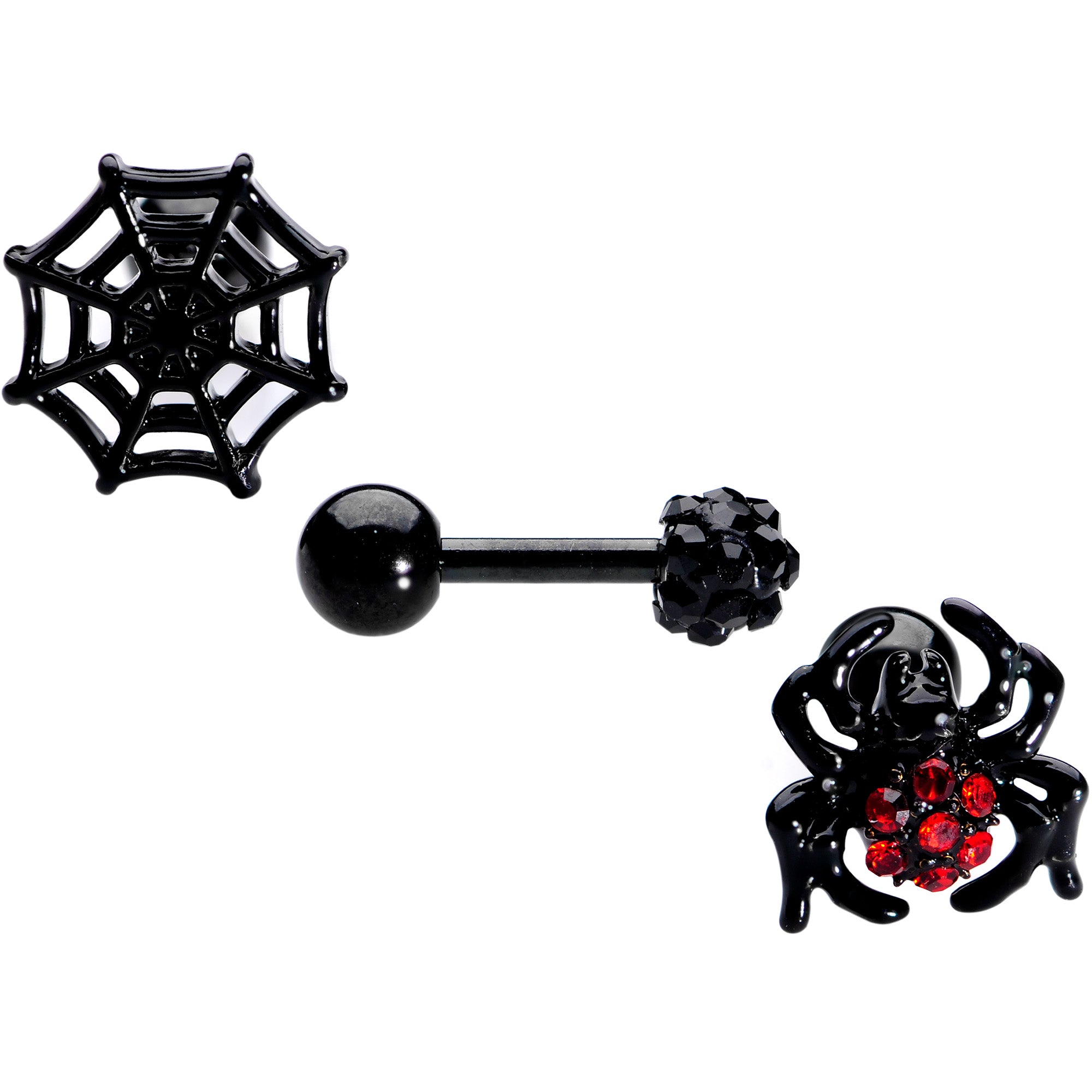 16 Gauge 1/4 Black Red Gem Spider Halloween Cartilage Tragus Set of 3