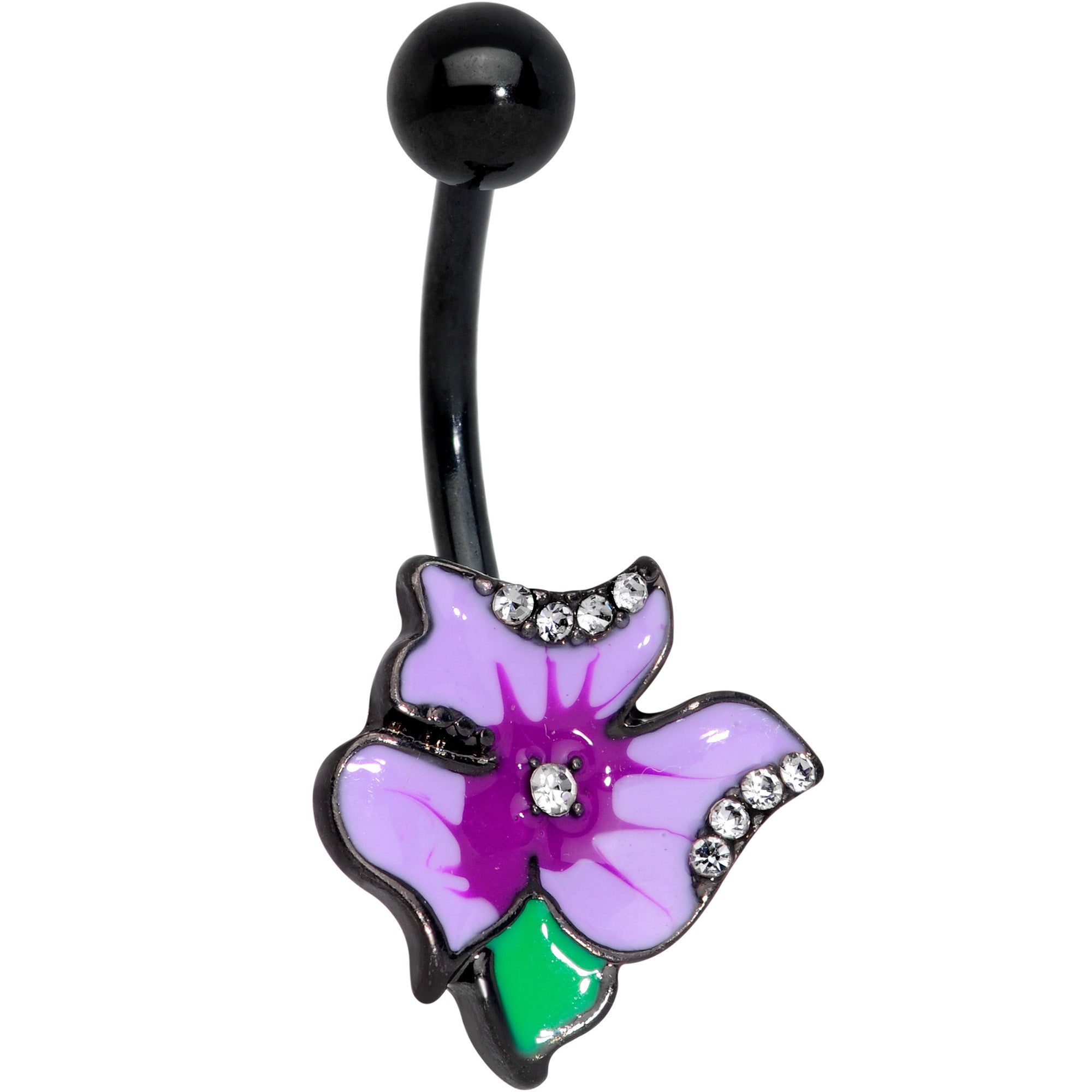 Clear Gem Black Purple Iris Flower Belly Ring