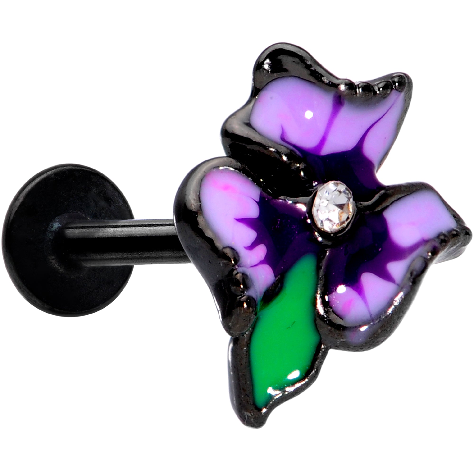 16 Gauge 5/16 Clear Gem Black Iris Flower Labret Monroe Tragus