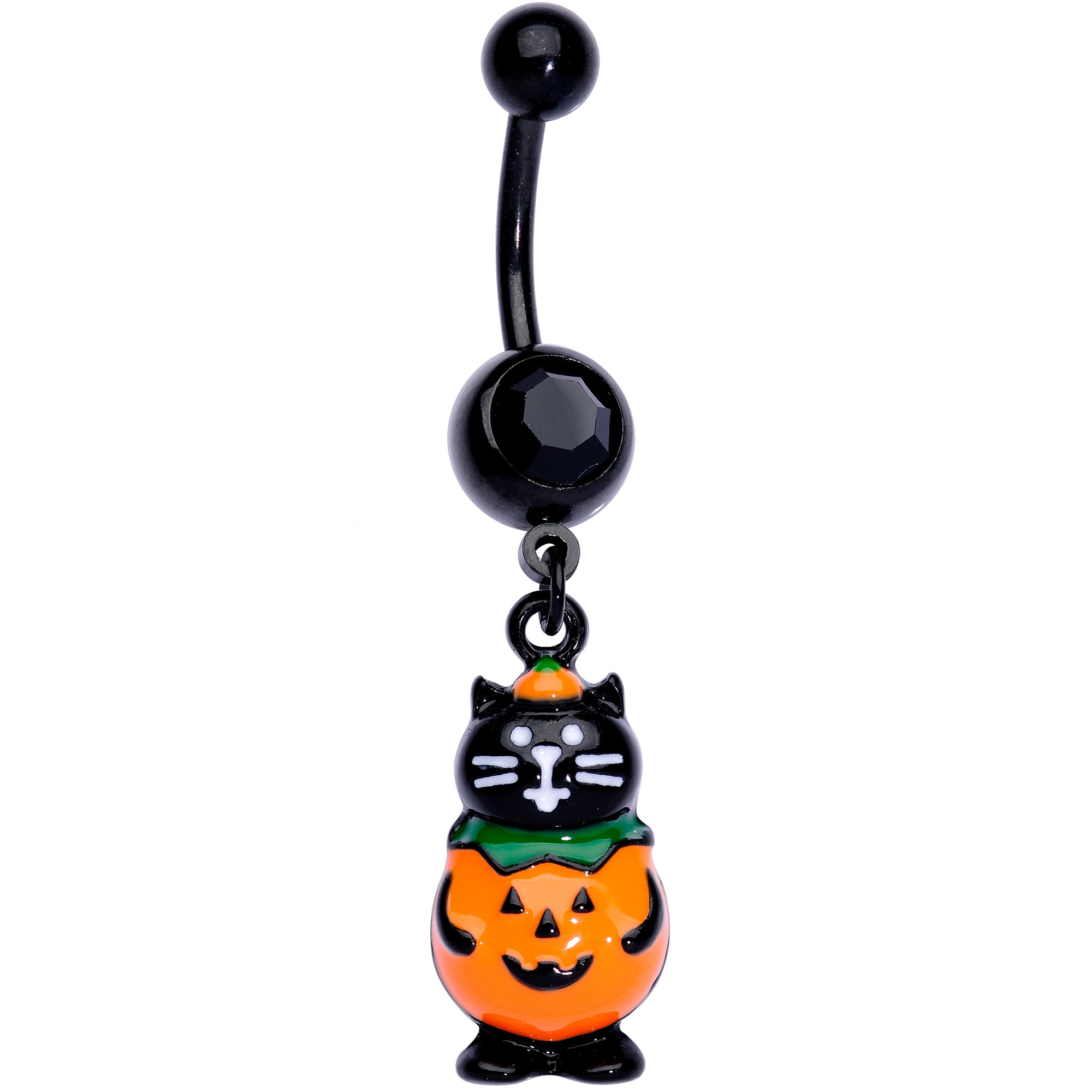 Black Gem Black Cat Surprise Pumpkin Halloween Dangle Belly Ring