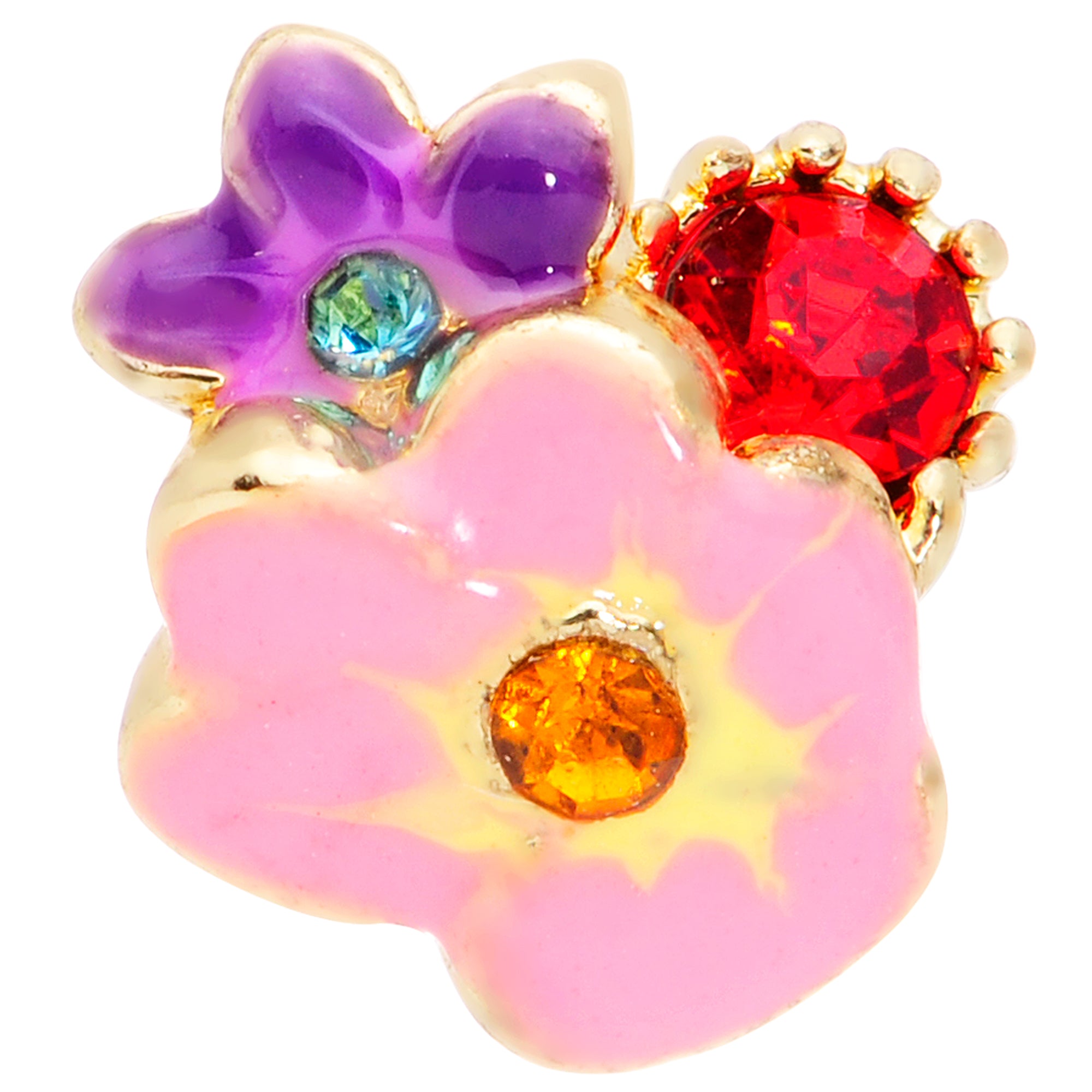 16 Gauge 5/16 Red Blue Gem Gold Tone Multi Flower Labret Monroe Tragus