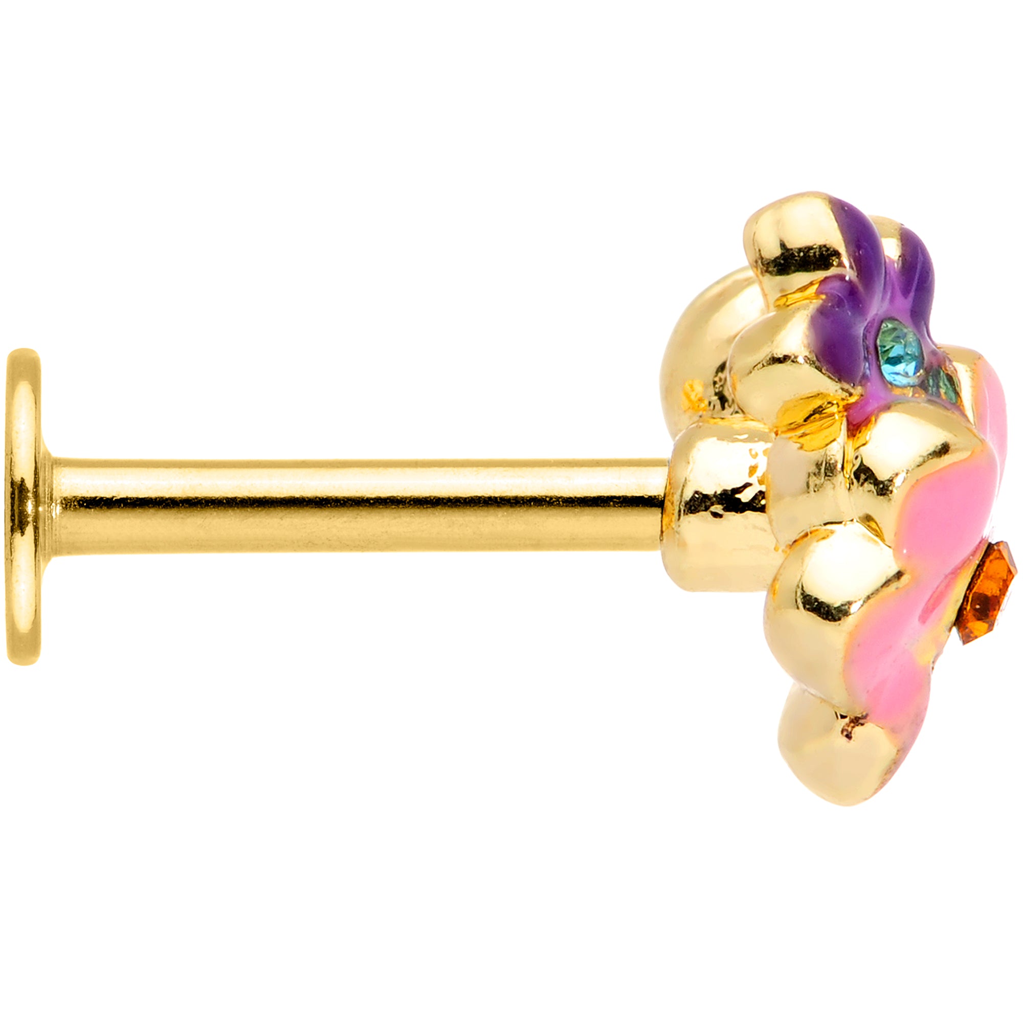 16 Gauge 5/16 Red Blue Gem Gold Tone Multi Flower Labret Monroe Tragus