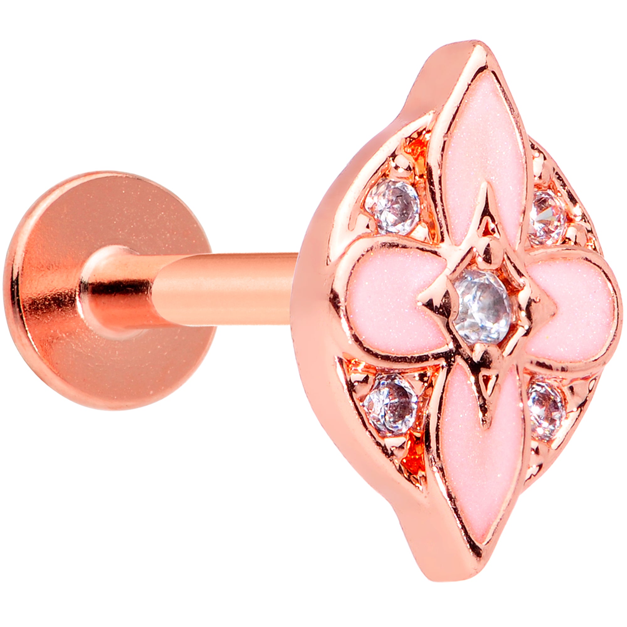 16 Gauge 5/16 Clear Gem Rose Gold Tone Pink Cross Labret Monroe Tragus