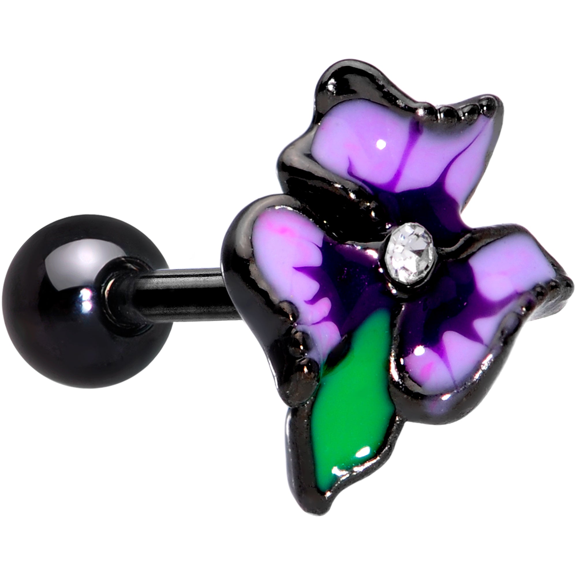 16 Gauge 1/4 Clear Gem Black Iris Flower Cartilage Tragus Earring