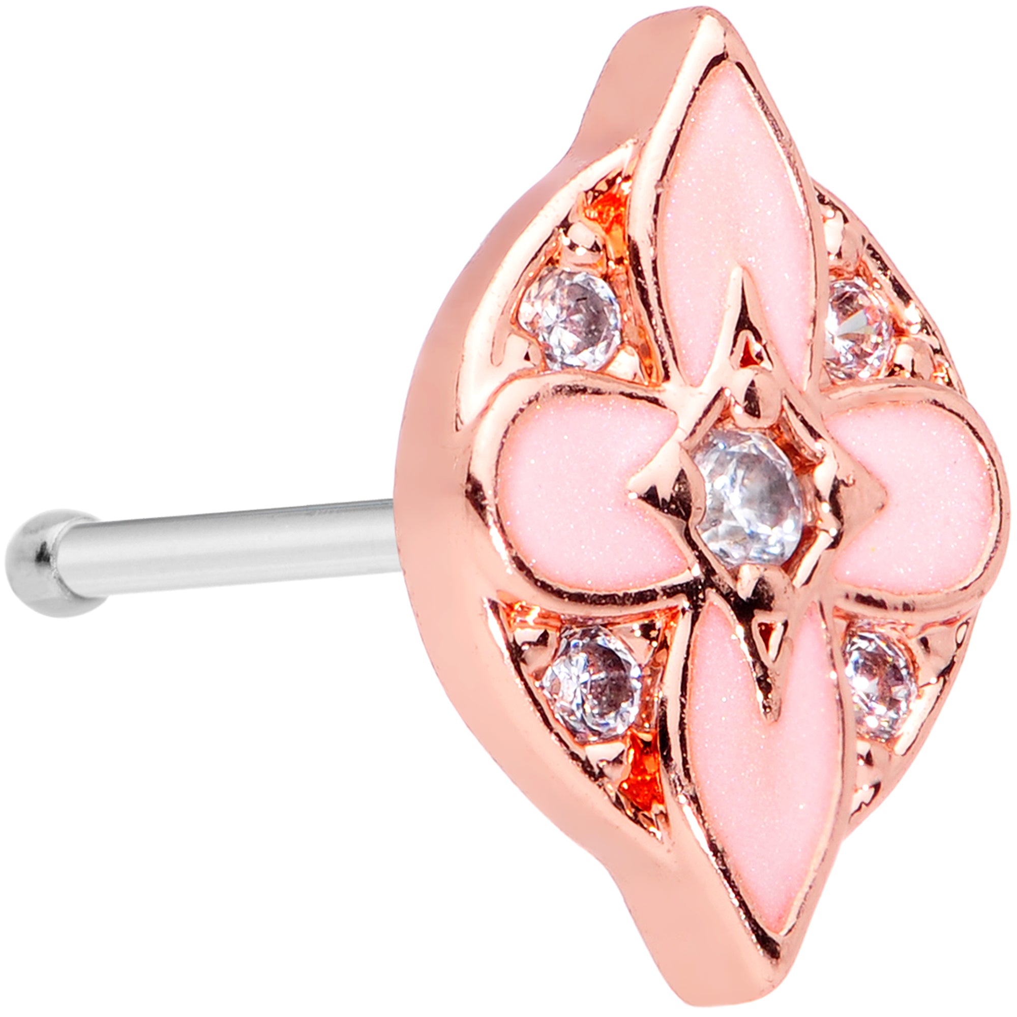 20 Gauge 1/4 Clear Gem Rose Gold Tone Pink Cross Nose Bone