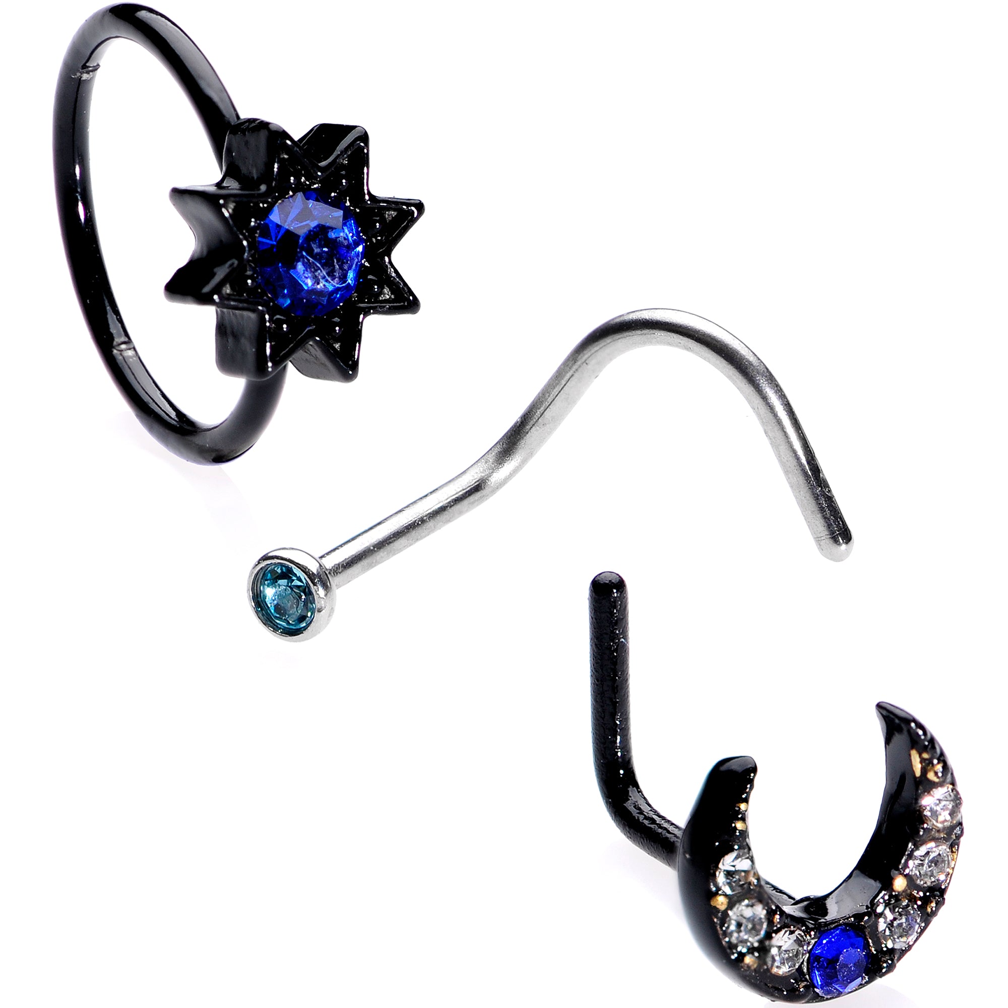 20 Gauge 5/16 Blue Gem Black Moon Star Assorted Nose Ring Set of 3