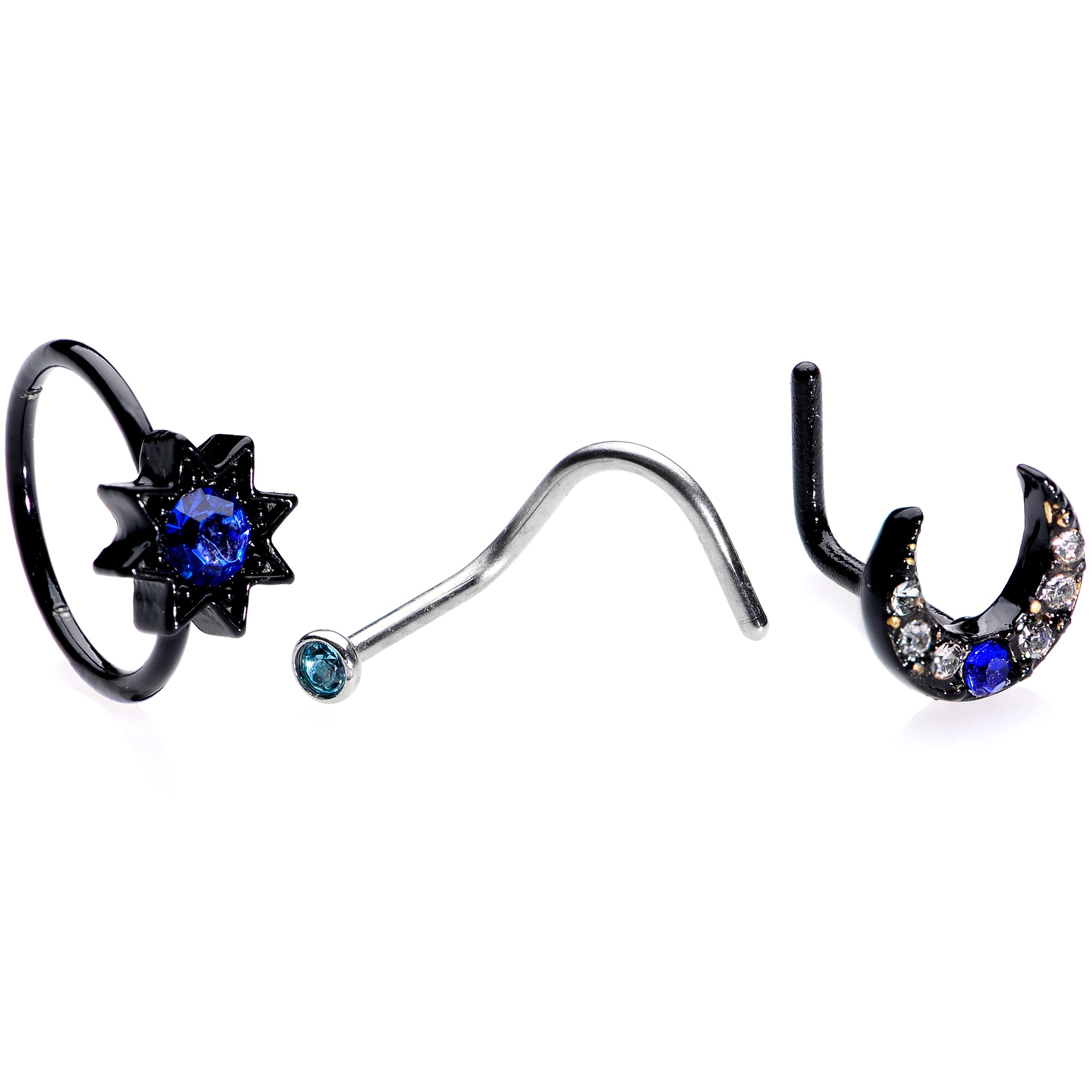 20 Gauge 5/16 Blue Gem Black Moon Star Assorted Nose Ring Set of 3