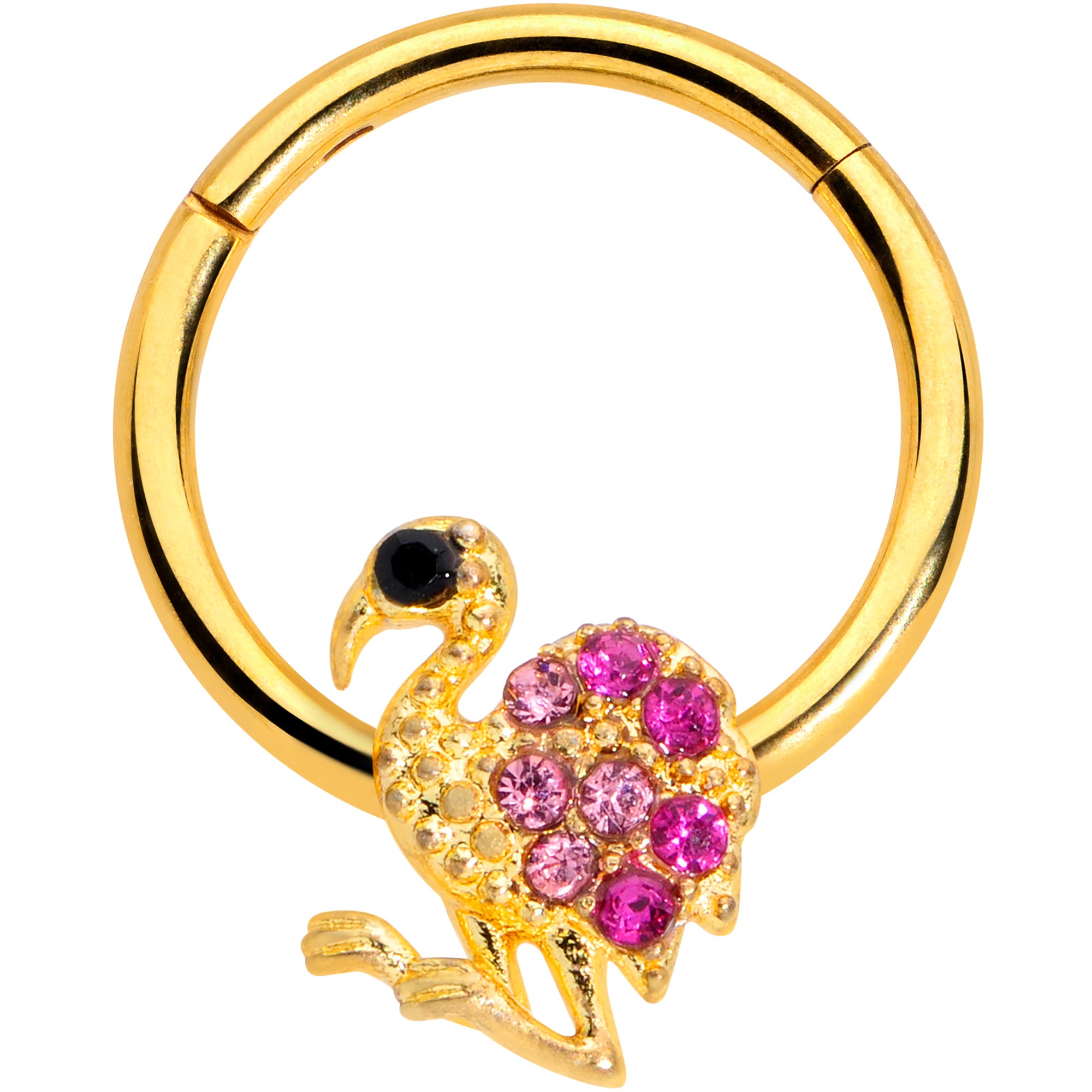 16 Gauge 3/8  Pink Gem Gold Tone Fashion Flamingo Hinged Segment Ring