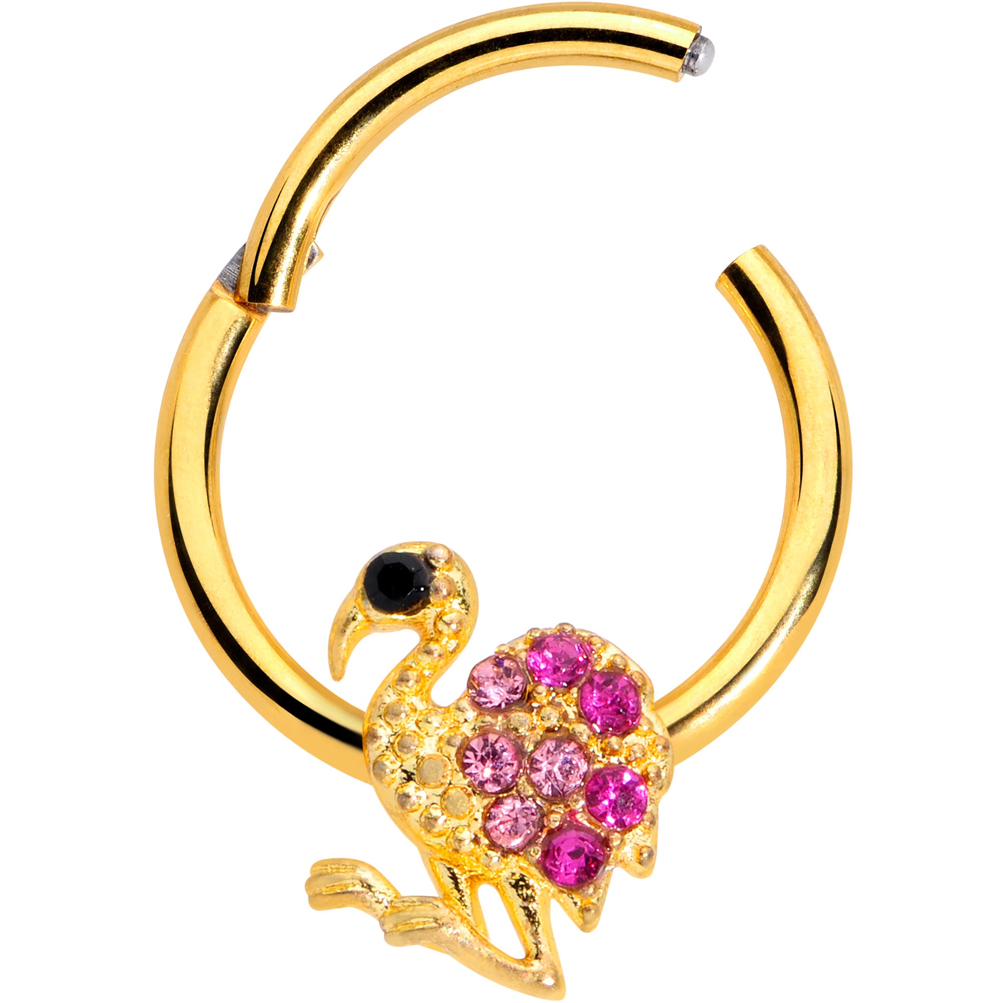 16 Gauge 3/8  Pink Gem Gold Tone Fashion Flamingo Hinged Segment Ring