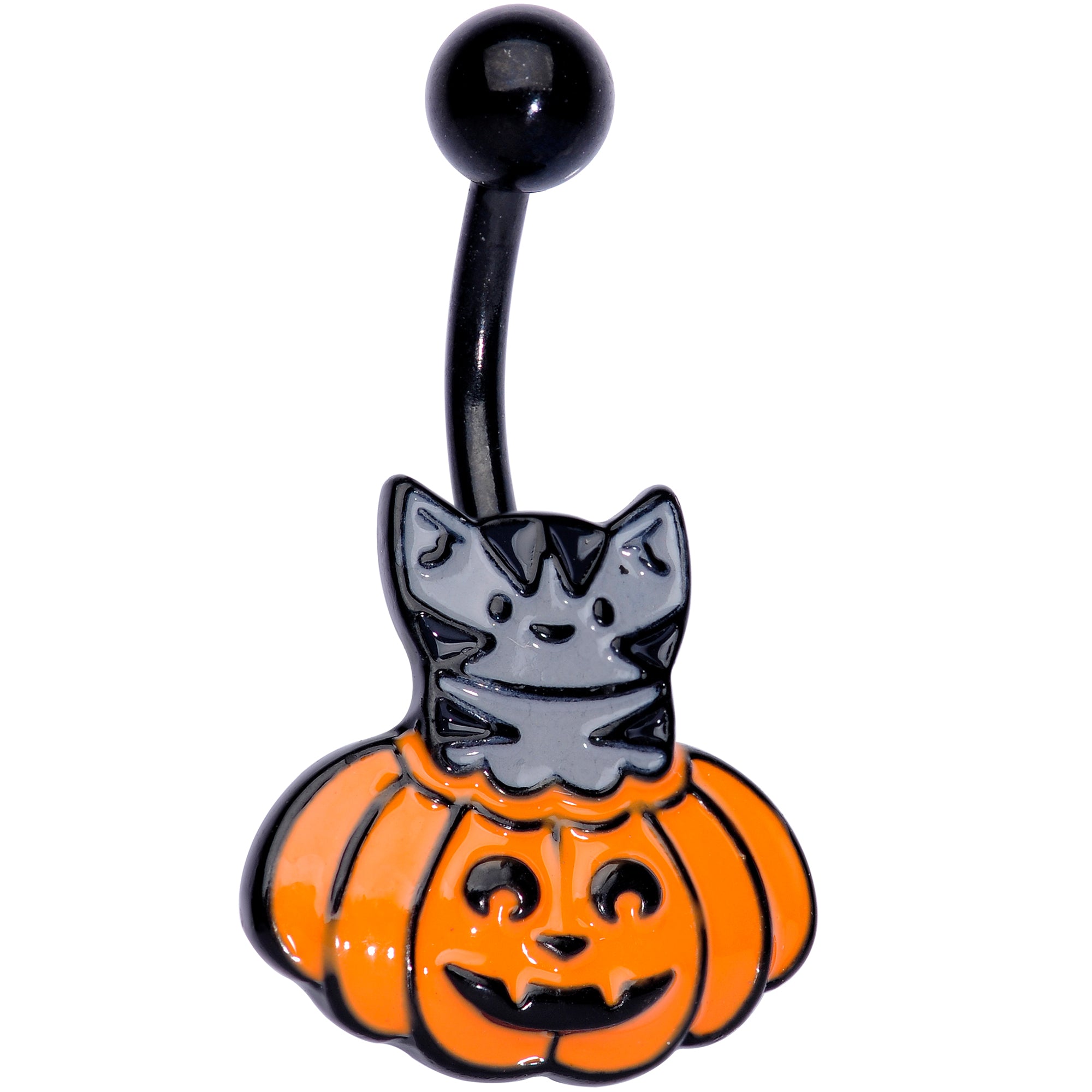 Black Gem Black Cat Surprise Pumpkin Halloween Belly Ring