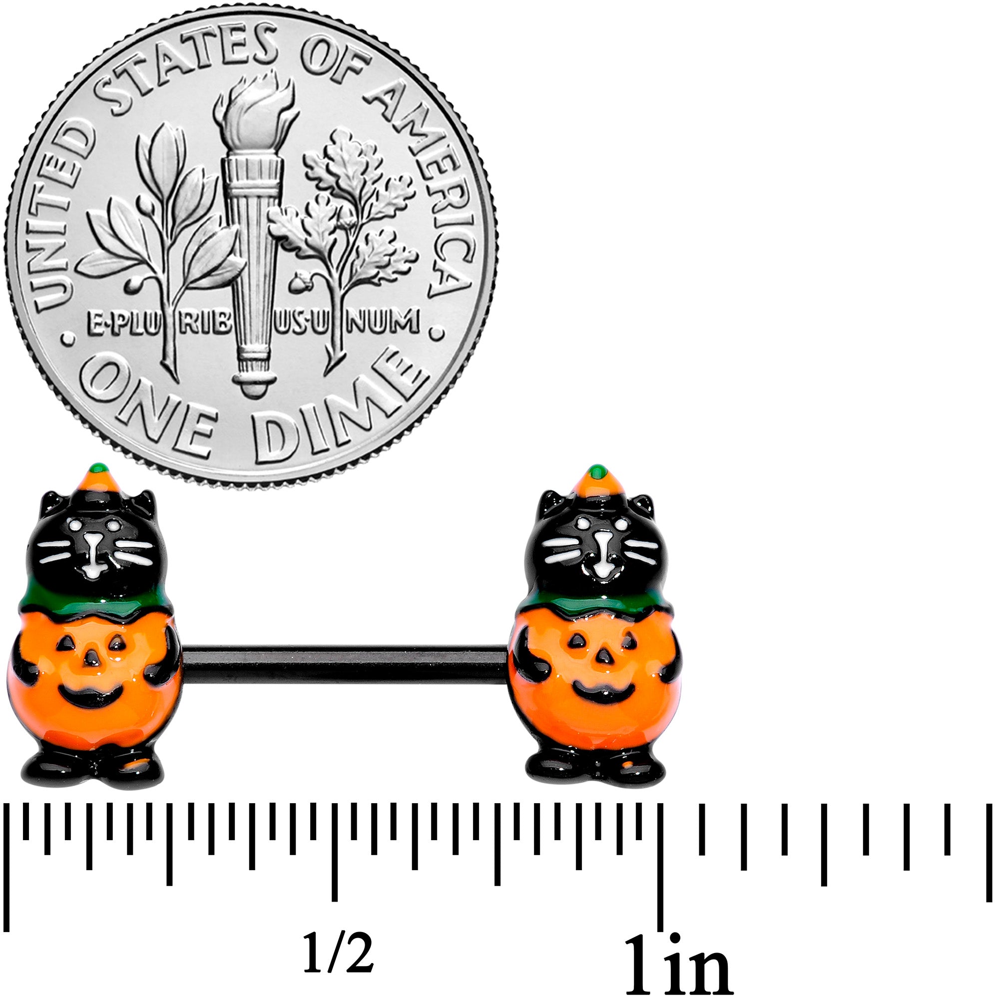 14 Gauge 9/16 Black Cat Pumpkin Halloween Barbell Nipple Ring Set