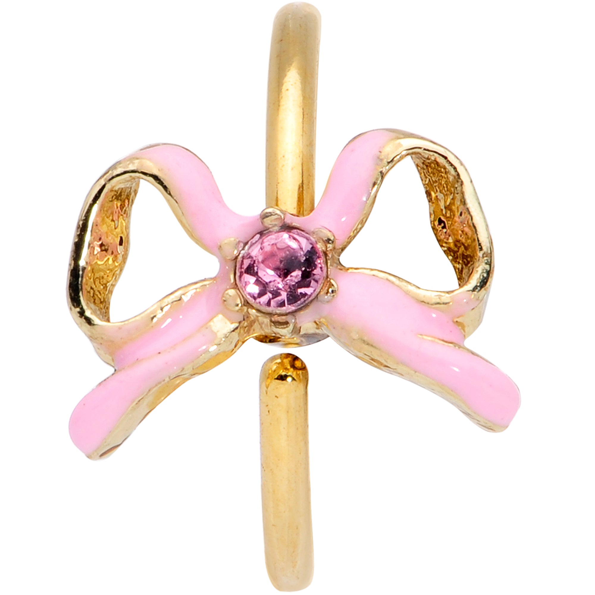 20 Gauge 5/16 Pink Gem Gold Tone Pink Bow Nose Hoop