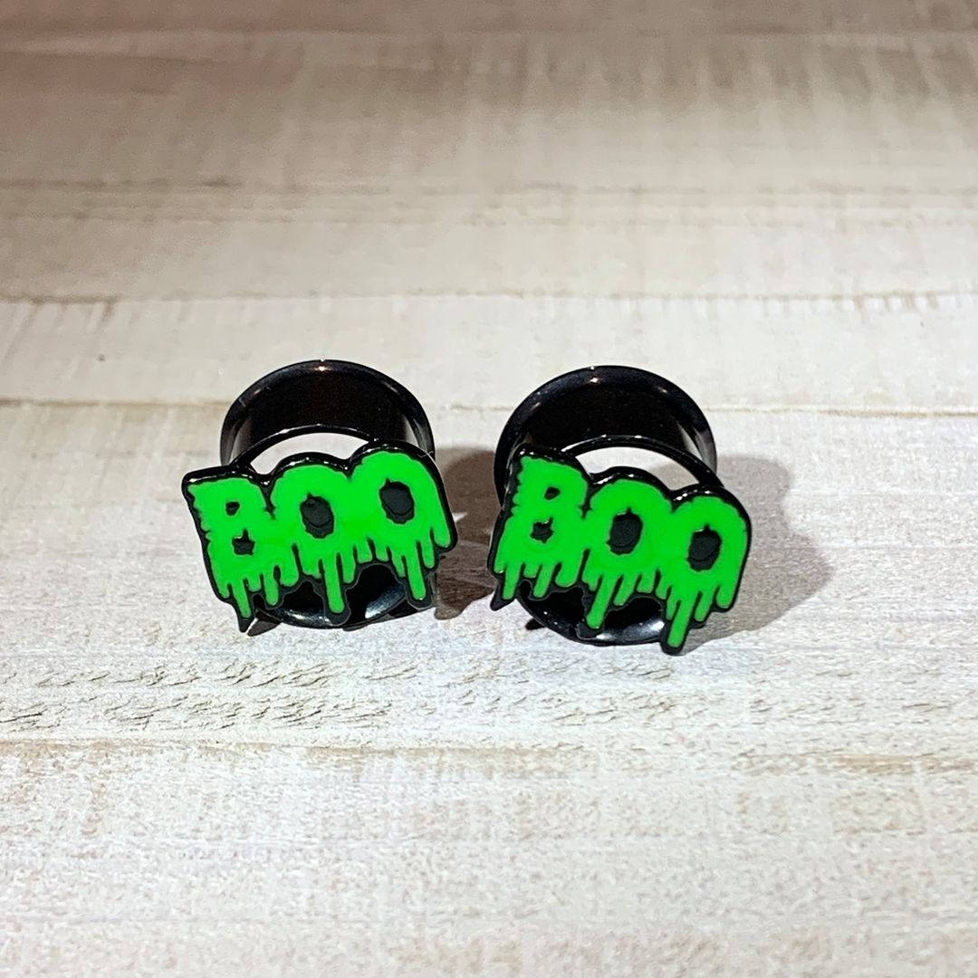 Green Boo Halloween Double Flare Plug Set