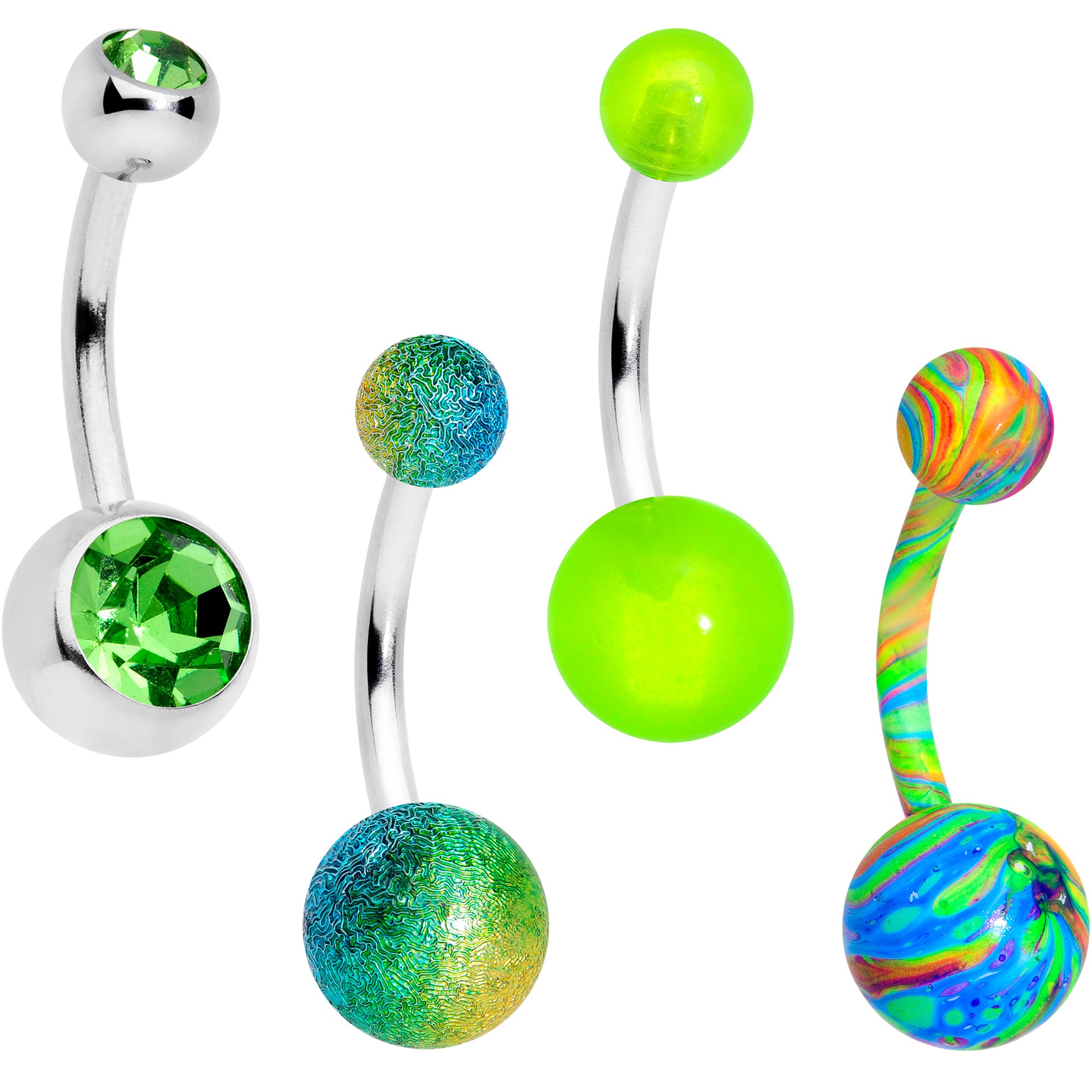 Green Gem Glow Sandblasted Multicolor Belly Ring Set of 4