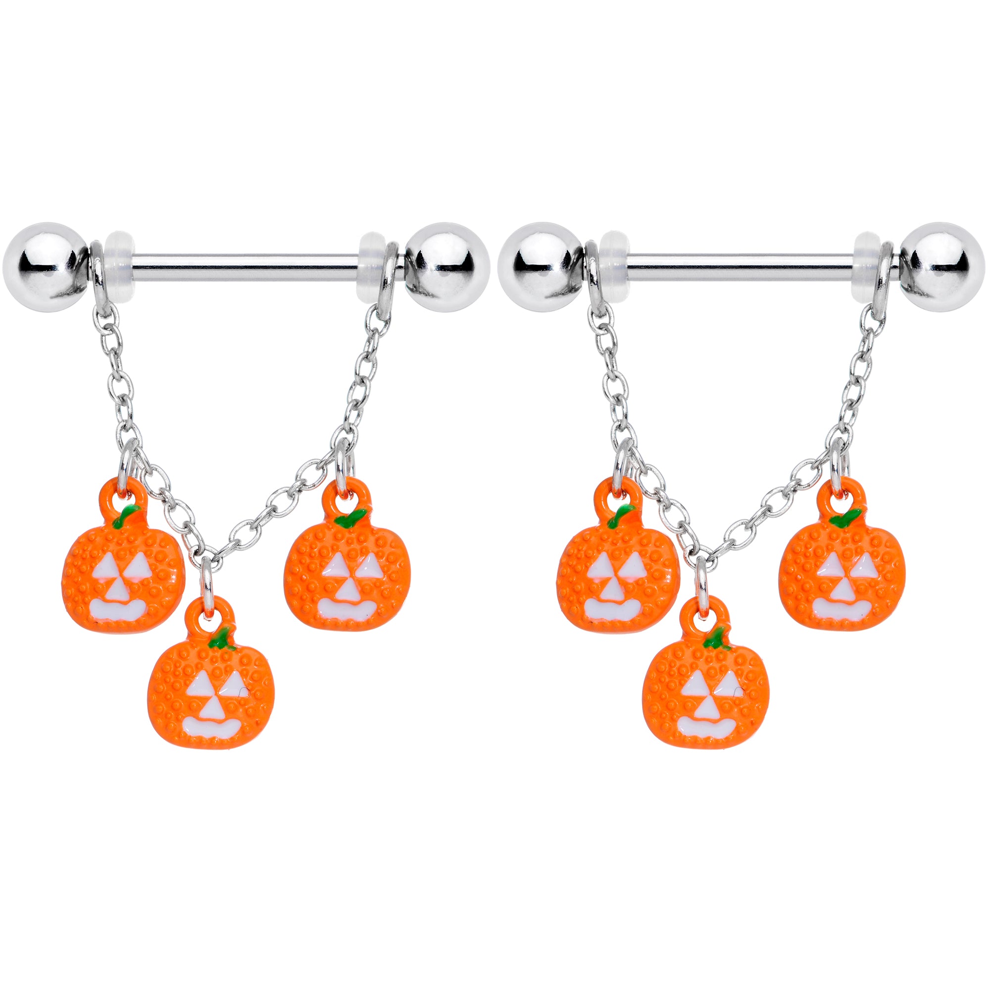 14 Gauge 9/16 Pumpkin Halloween Chain Dangle Nipple Ring Set