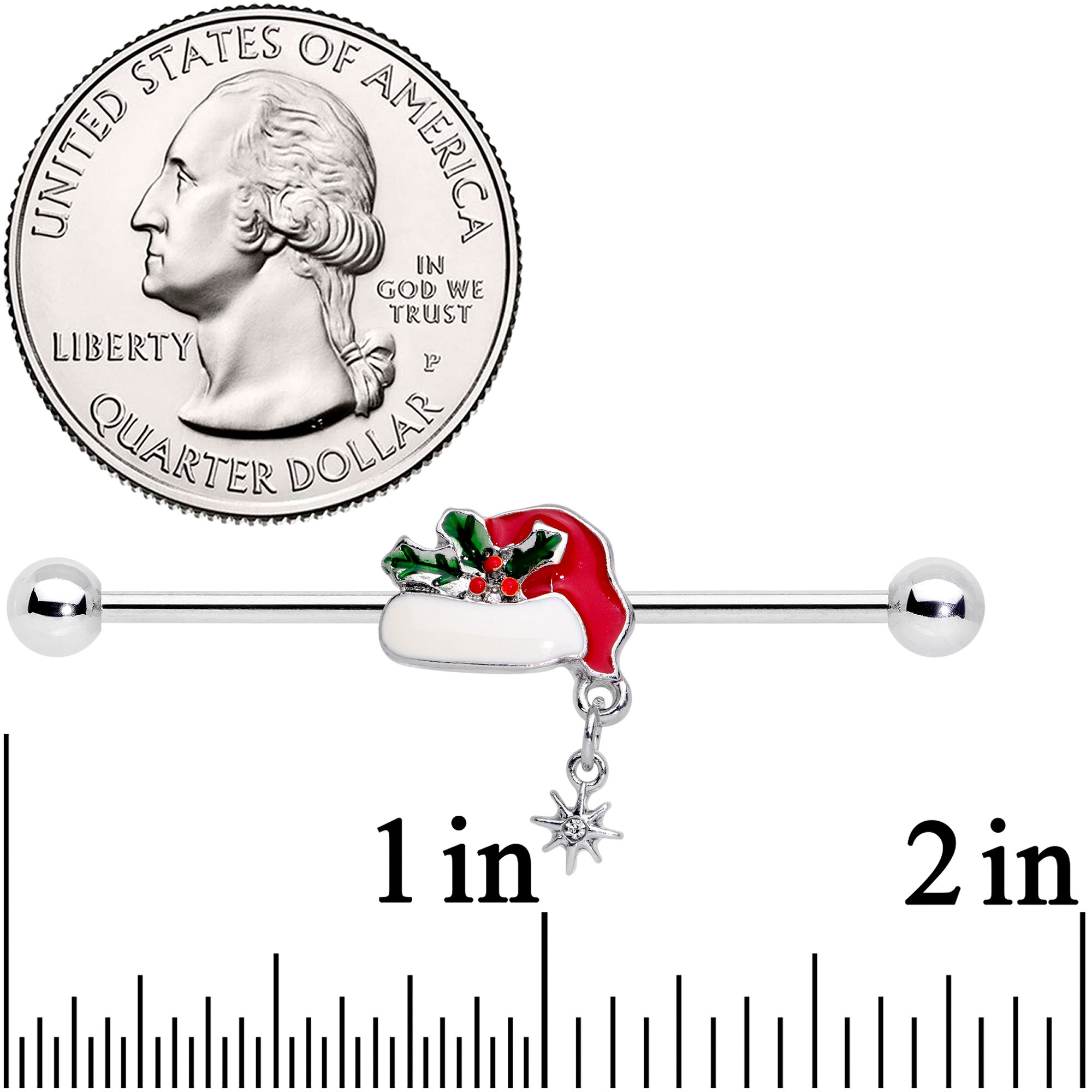 14 Gauge Clear Gem Jolly Santa Hat Christmas Industrial Barbell 38mm