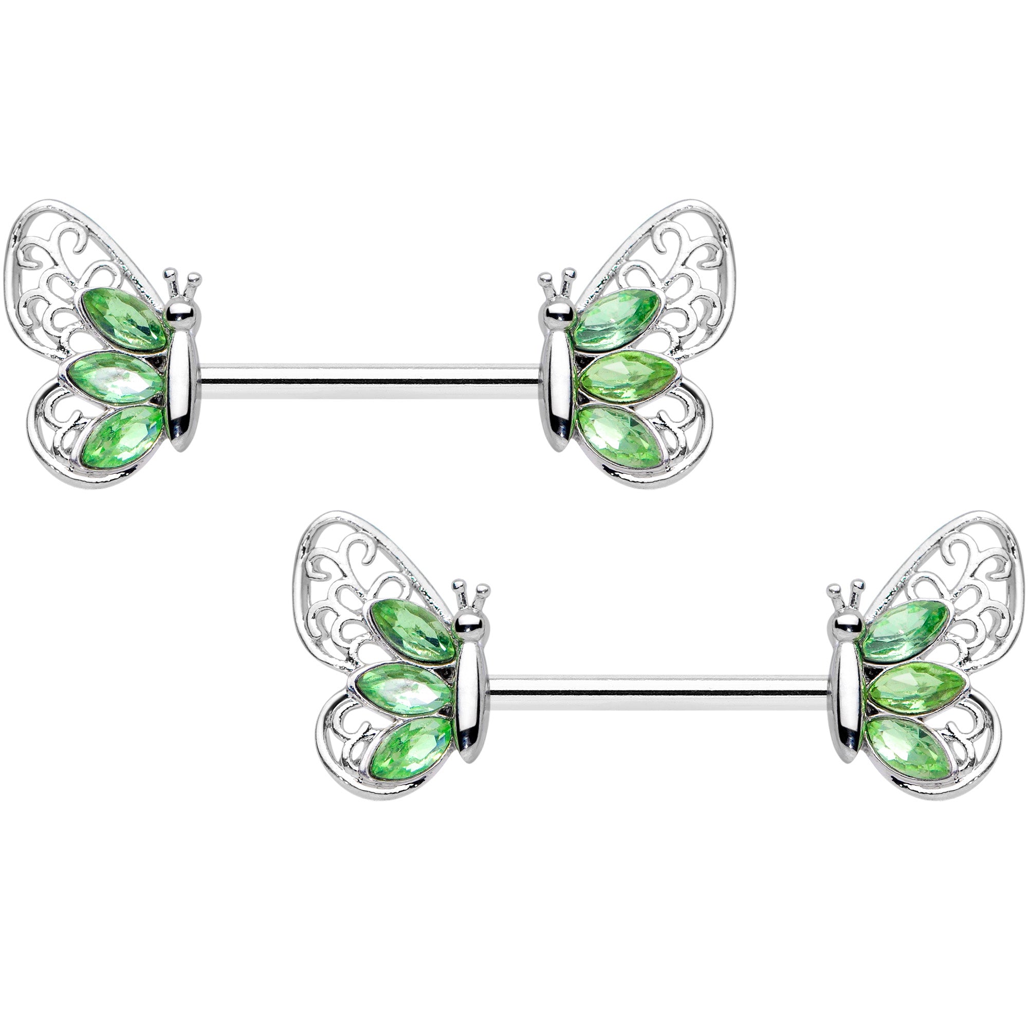 14 Gauge 9/16 Green Gem Lacy Butterfly Barbell Nipple Ring Set