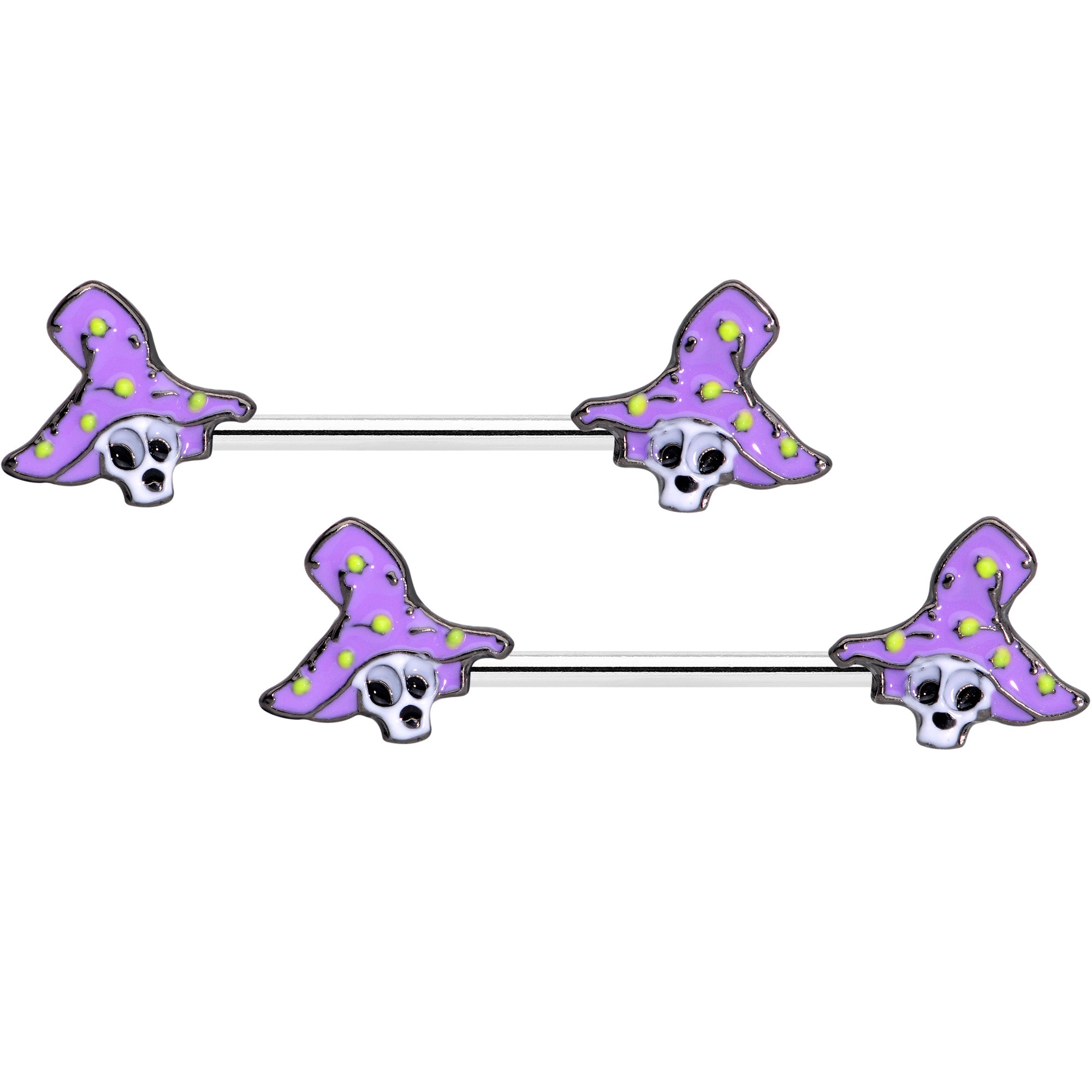 14 Gauge 9/16 Skull Purple Witch Hat Halloween Nipple Ring Set