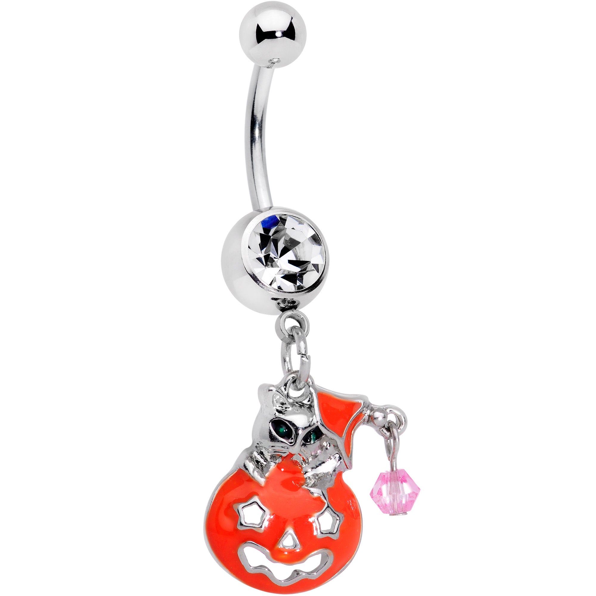 Clear Pink Gem Kitty Pumpkin Surprise Halloween Dangle Belly Ring