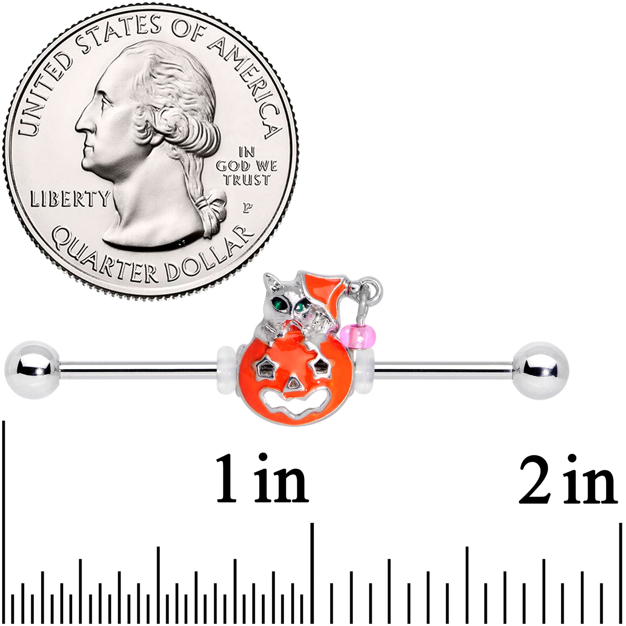 14 Gauge Pink Gem Kitty Pumpkin Halloween Industrial Barbell 38mm