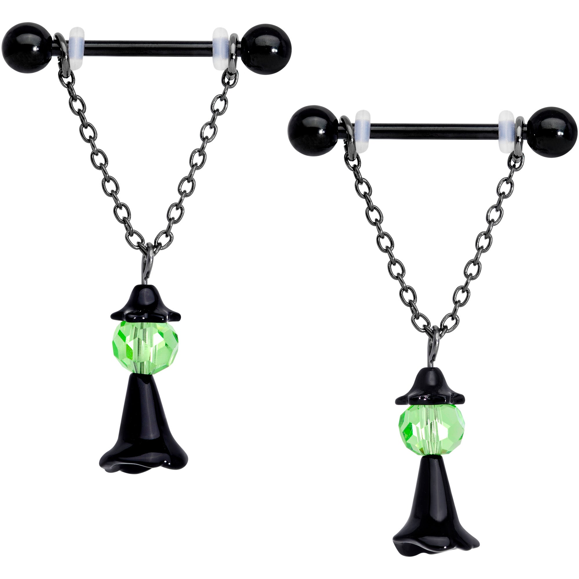 14 Gauge 11/16 Green Gem Black Witch Halloween Dangle Nipple Ring Set