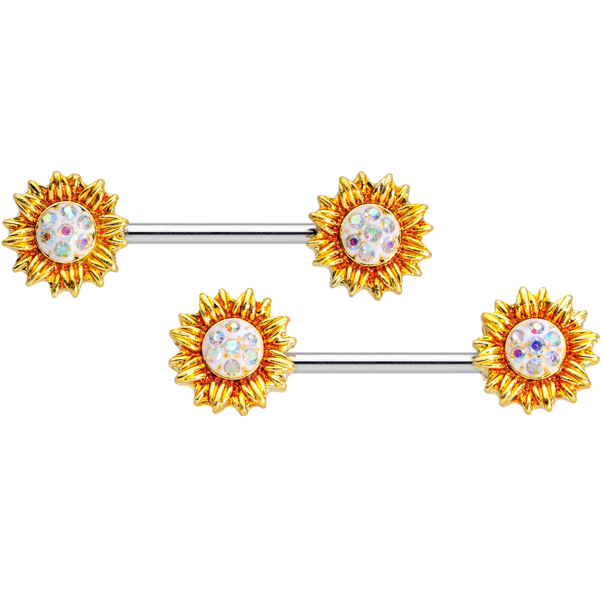 14 Gauge 9/16 Aurora Gem Scintillating Sunflower Nipple Ring Set