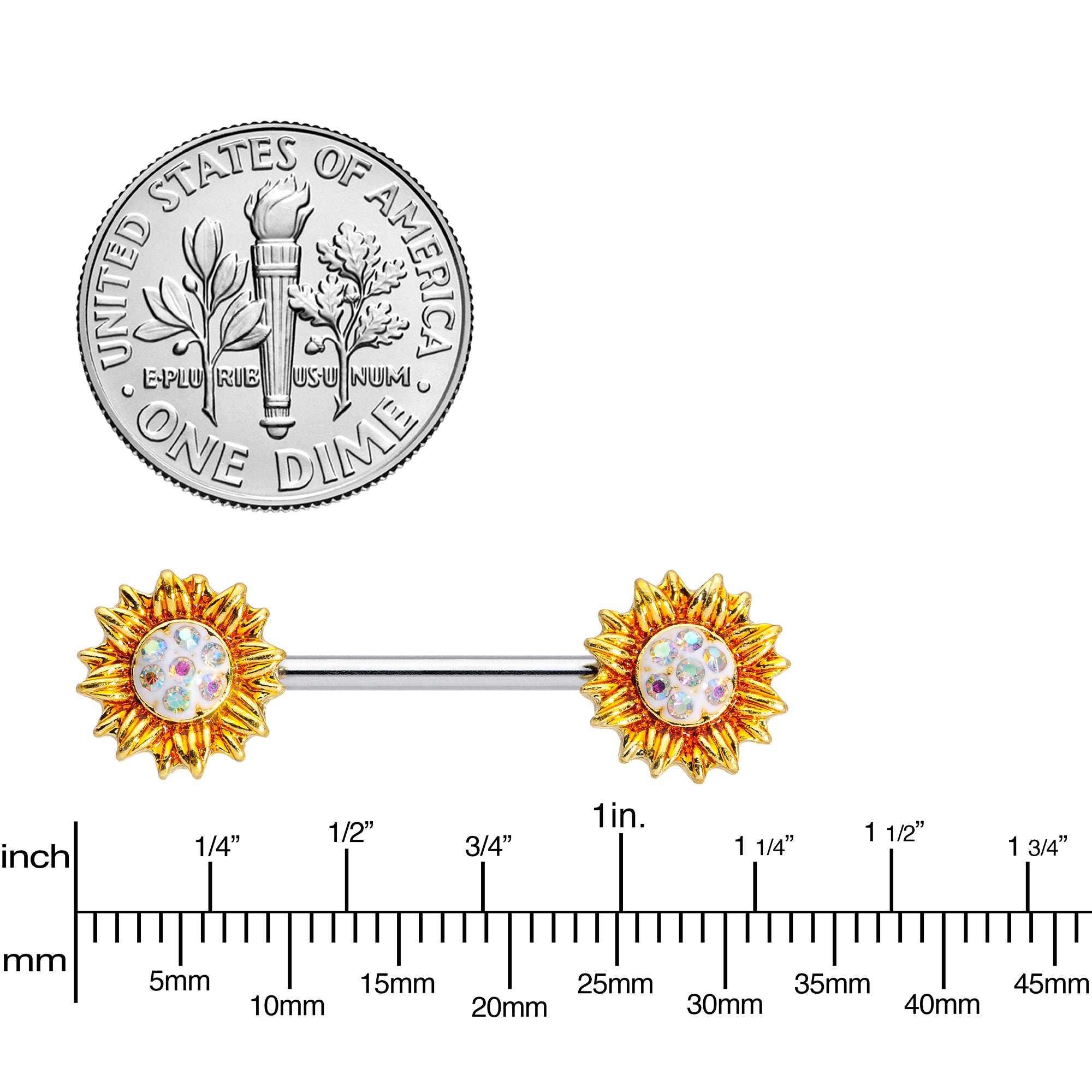 14 Gauge 9/16 Aurora Gem Scintillating Sunflower Nipple Ring Set