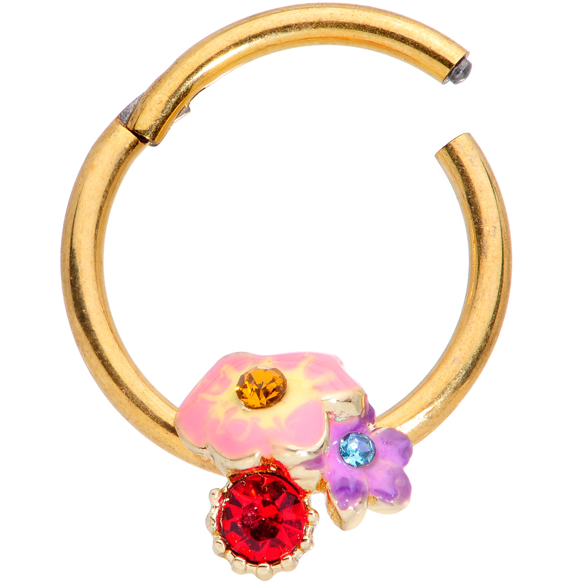 16 Gauge 3/8 Red Blue Gem Gold Tone Multi Flower Hinged Segment Ring