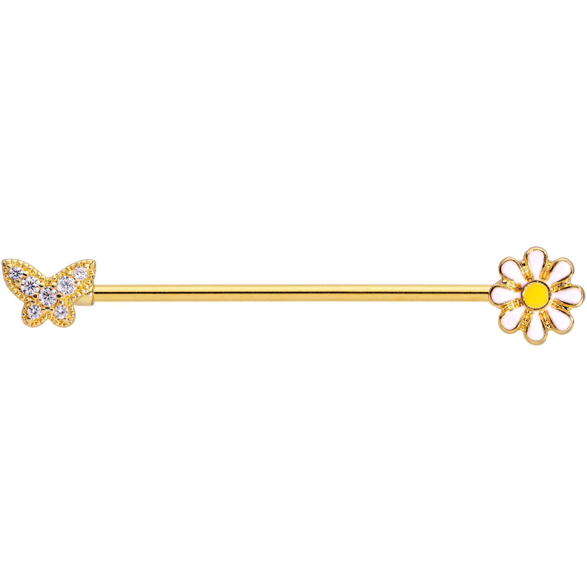 14 Gauge Clear Gem Gold Tone Butterfly Daisy `Industrial Barbell 38mm