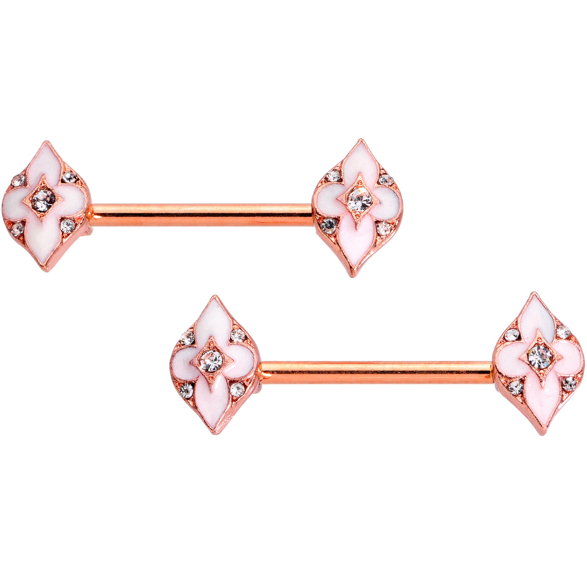 14 Gauge 9/16 Clear Gem Rose Gold Tone Pink Cross Nipple Ring Set