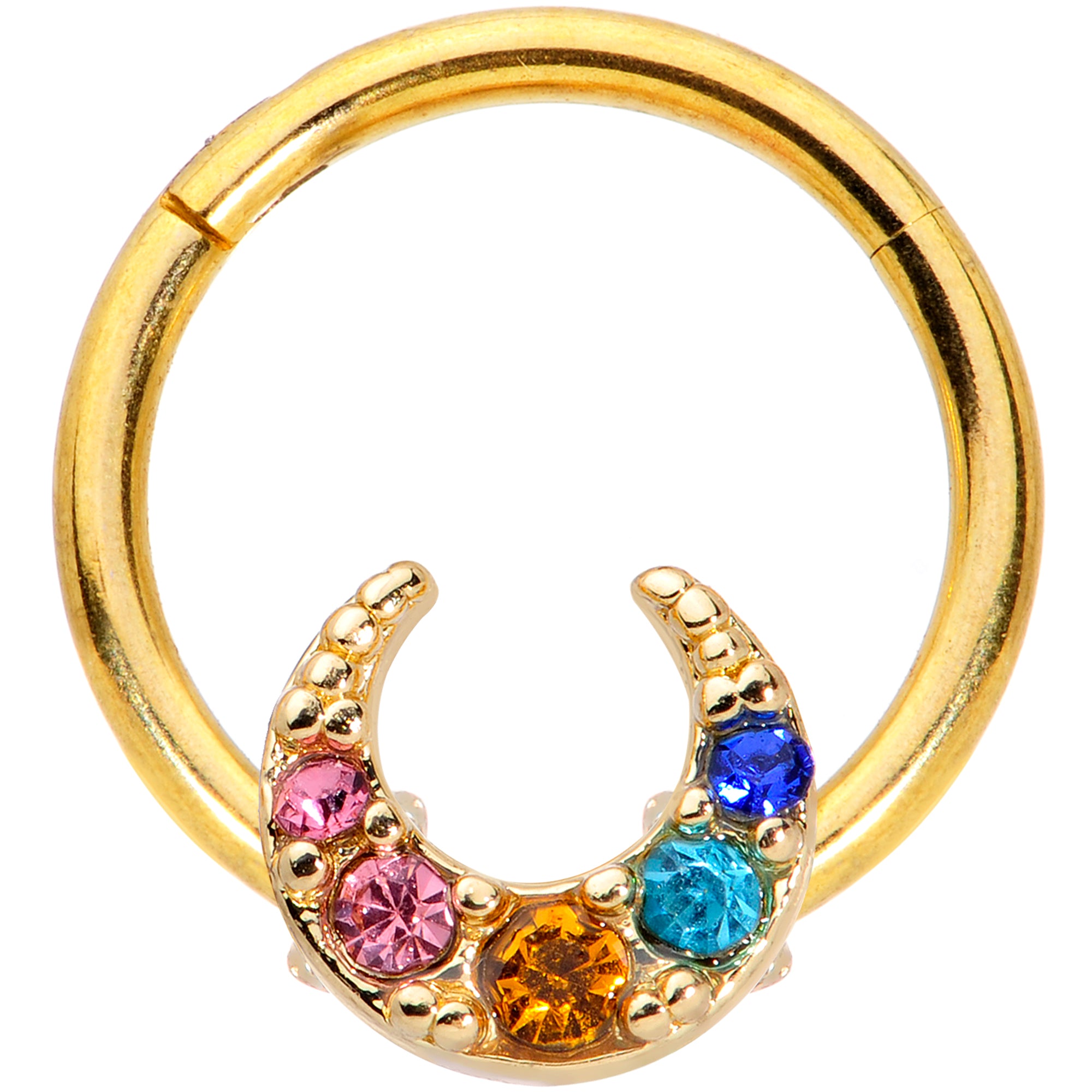 16 Gauge 3/8 Rainbow Gem Gold Tone Crescent Moon Hinged Segment Ring