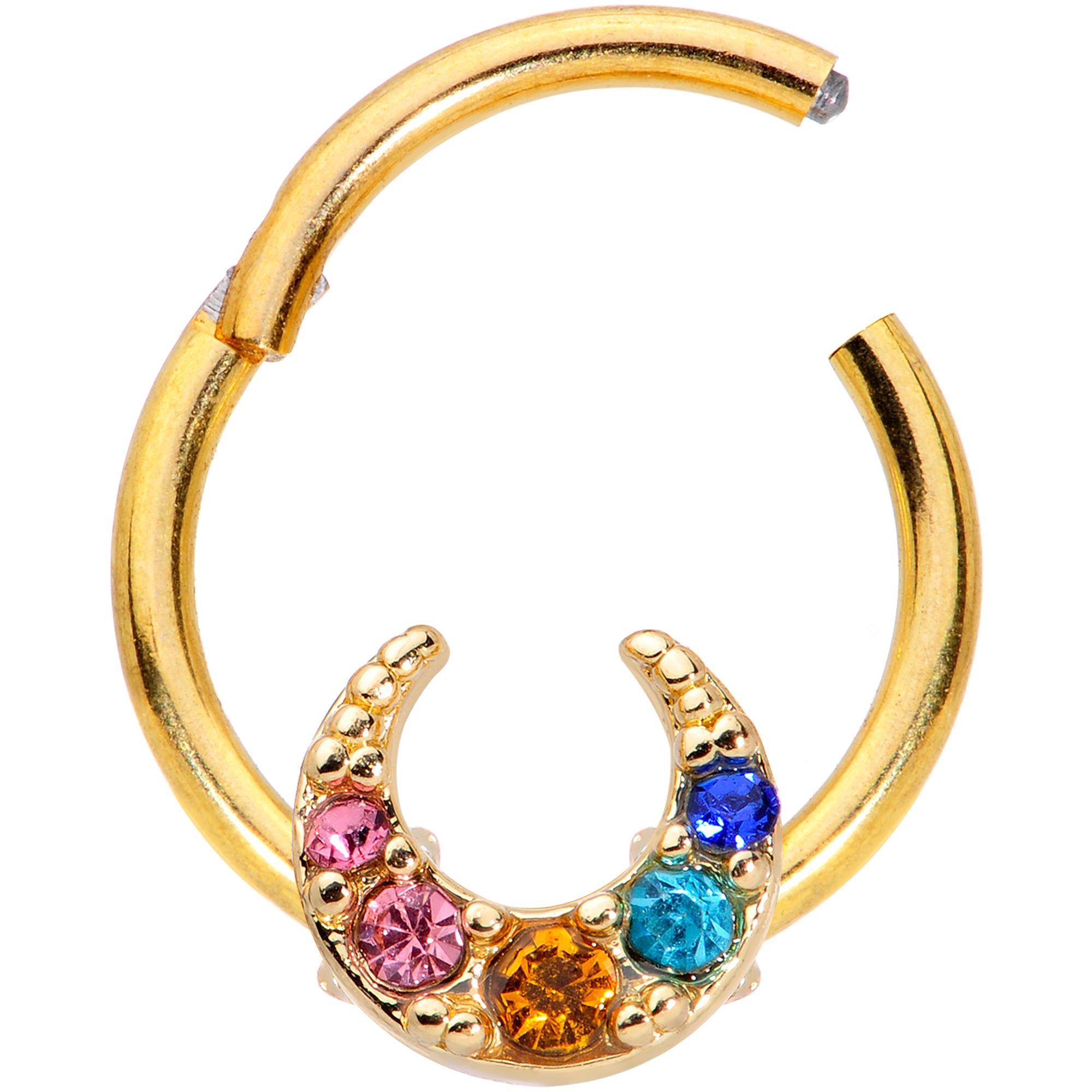 16 Gauge 3/8 Rainbow Gem Gold Tone Crescent Moon Hinged Segment Ring