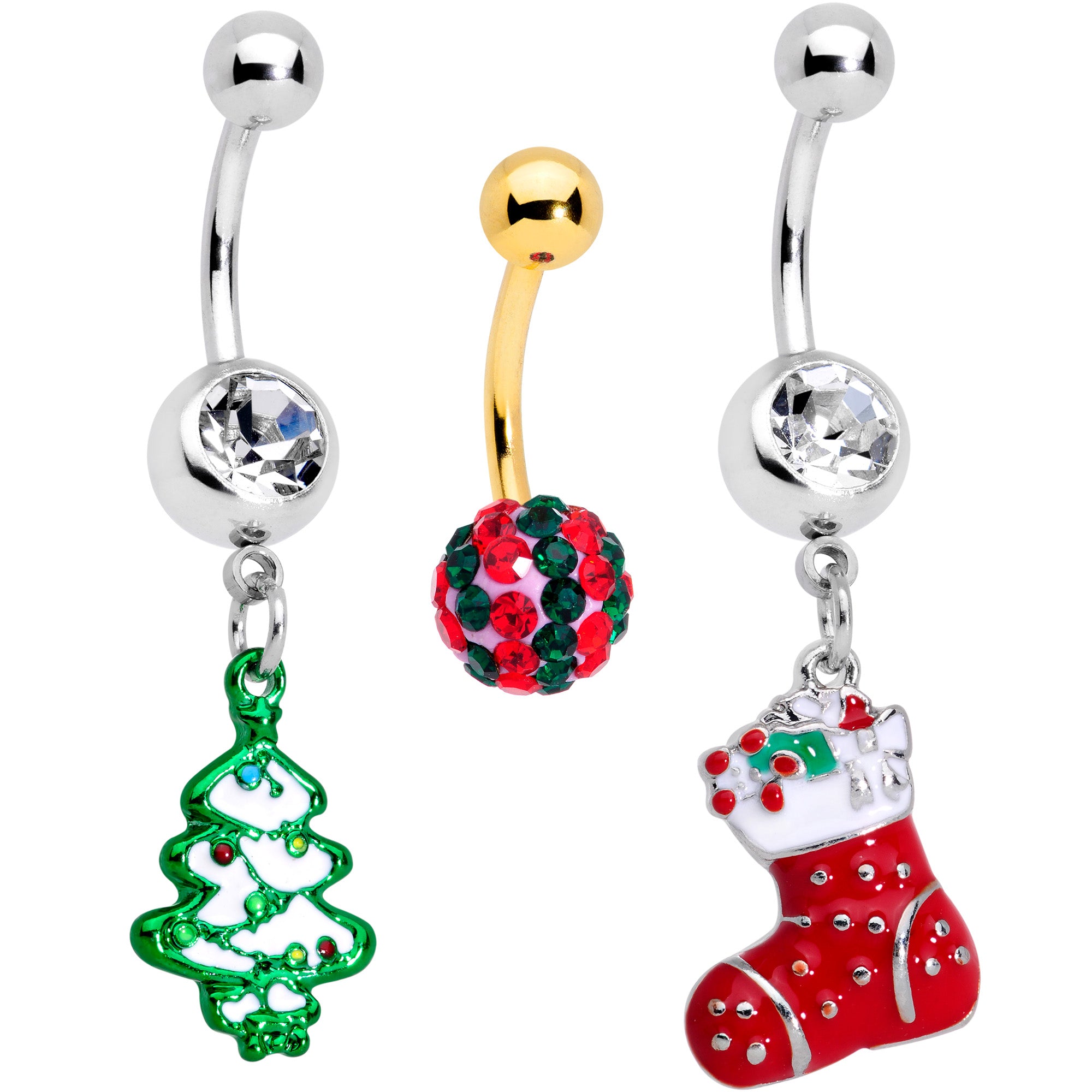 Clear Gem Gold Tone Tree Stocking Christmas Dangle Belly Ring Set of 3