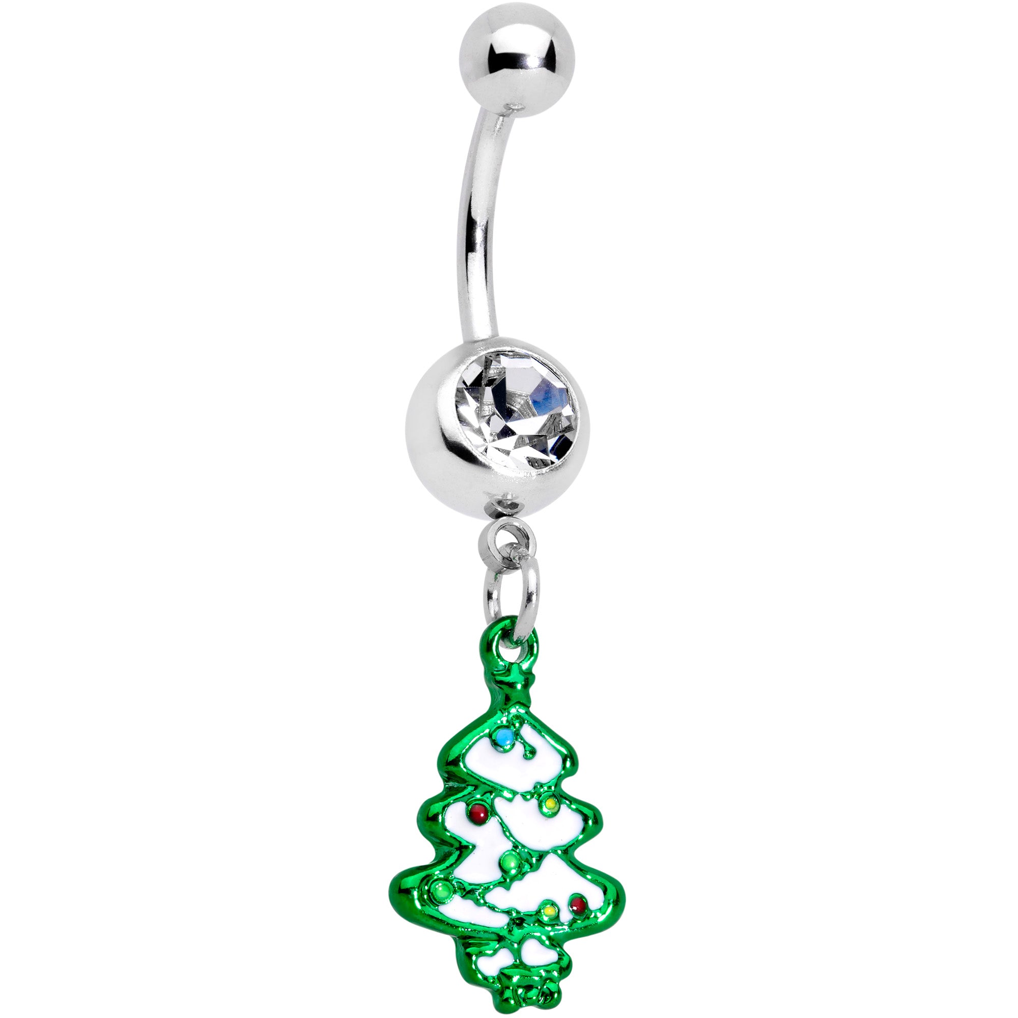 Clear Gem Gold Tone Tree Stocking Christmas Dangle Belly Ring Set of 3