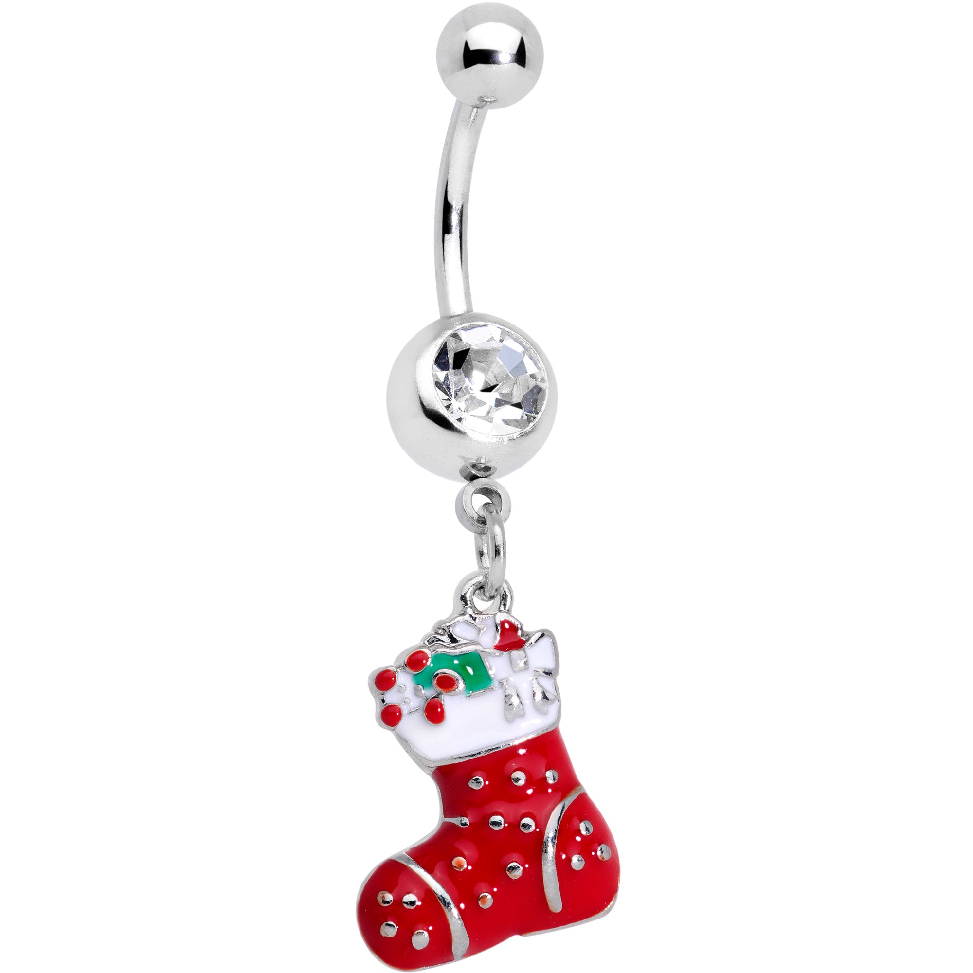 Clear Gem Gold Tone Tree Stocking Christmas Dangle Belly Ring Set of 3