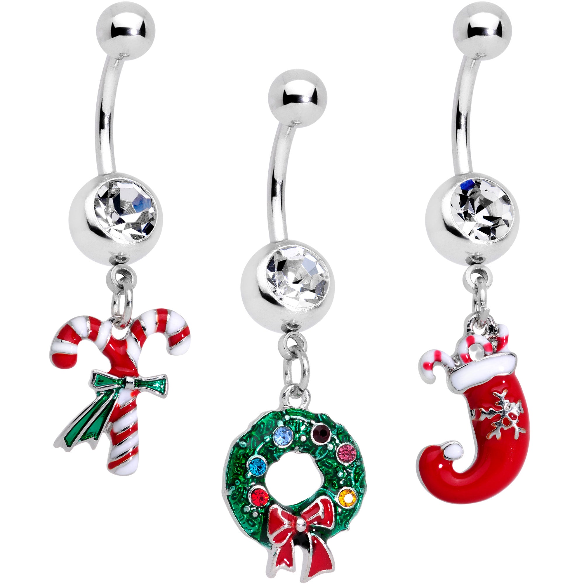 Clear Gem Wreath Stocking Candy Cane Christmas Belly Ring Set of 3