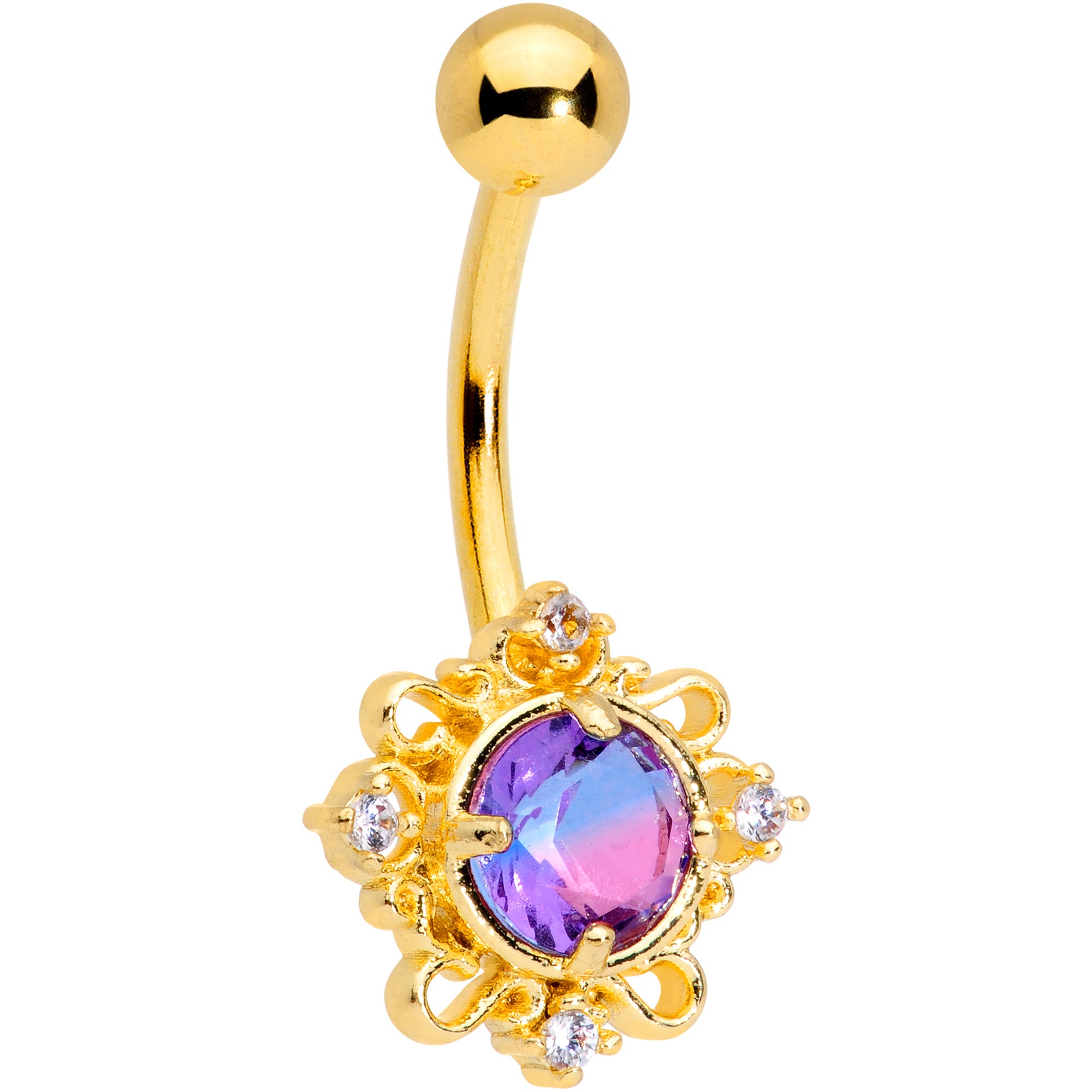 Purple Tourmaline Gold Tone Filigree Frame Belly Ring