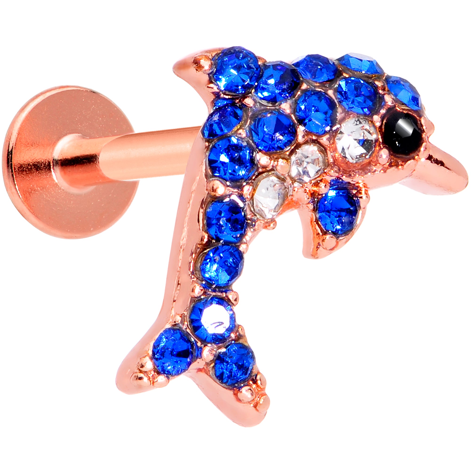 16 Gauge 5/16 Blue Gem Rose Gold Tone Dolphin Labret Monroe Tragus