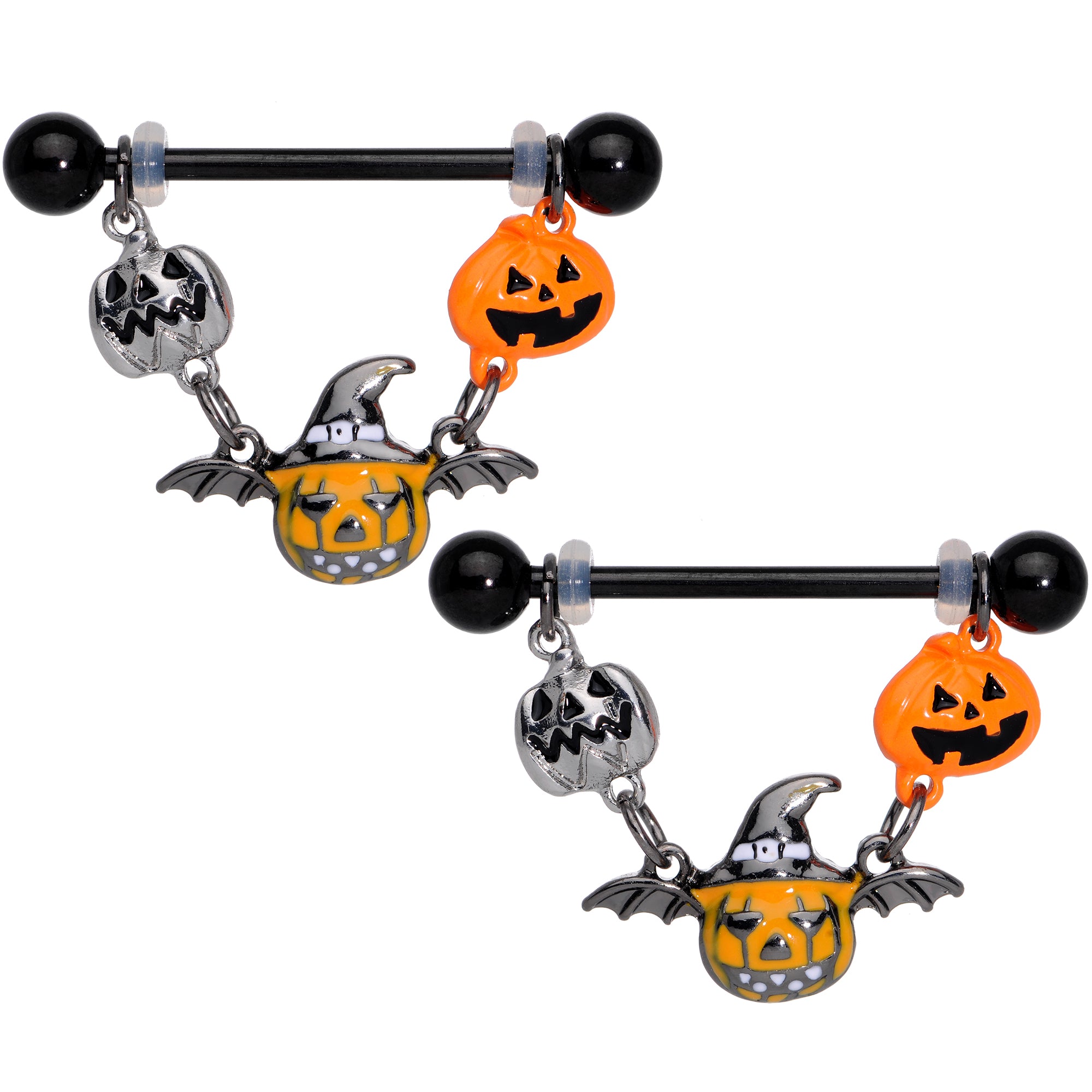 14 Gauge 7/8 Black Pumpkin Trio Halloween Dangle Nipple Ring Set