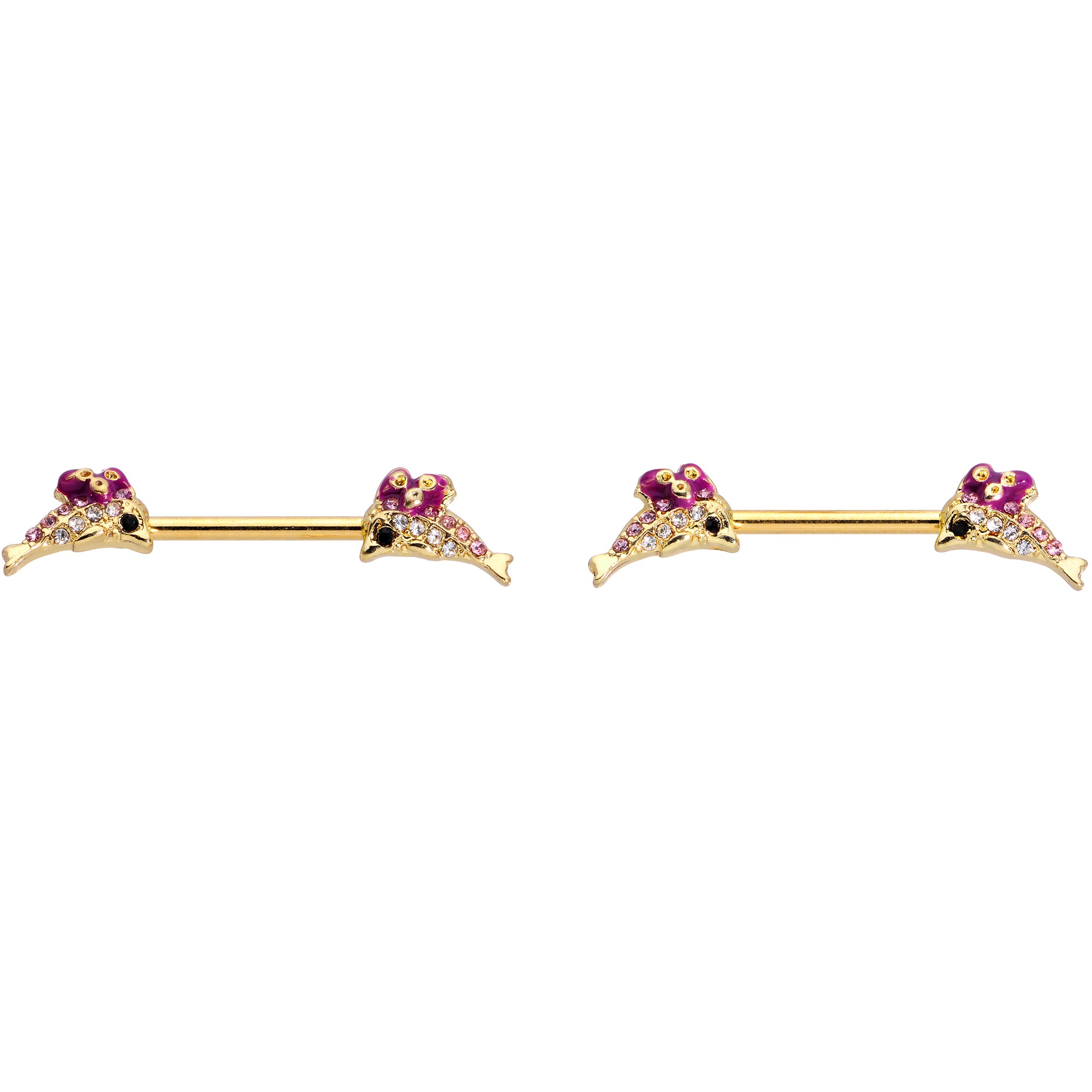 14 Gauge 9/16 Clear Purple Gem Gold Hue Dainty Dolphin Nipple Ring Set