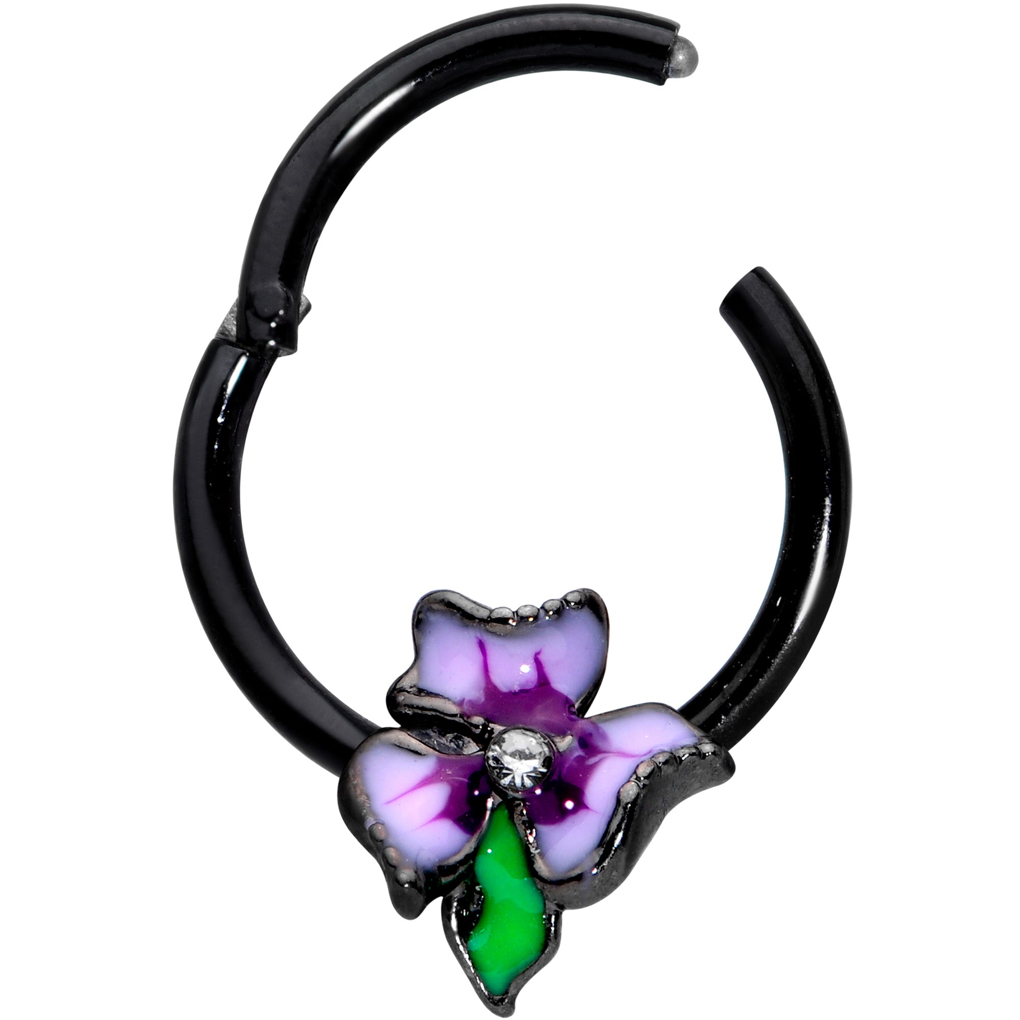 16 Gauge 3/8 Clear CZ Gem Black Purple Iris Flower Hinged Segment Ring