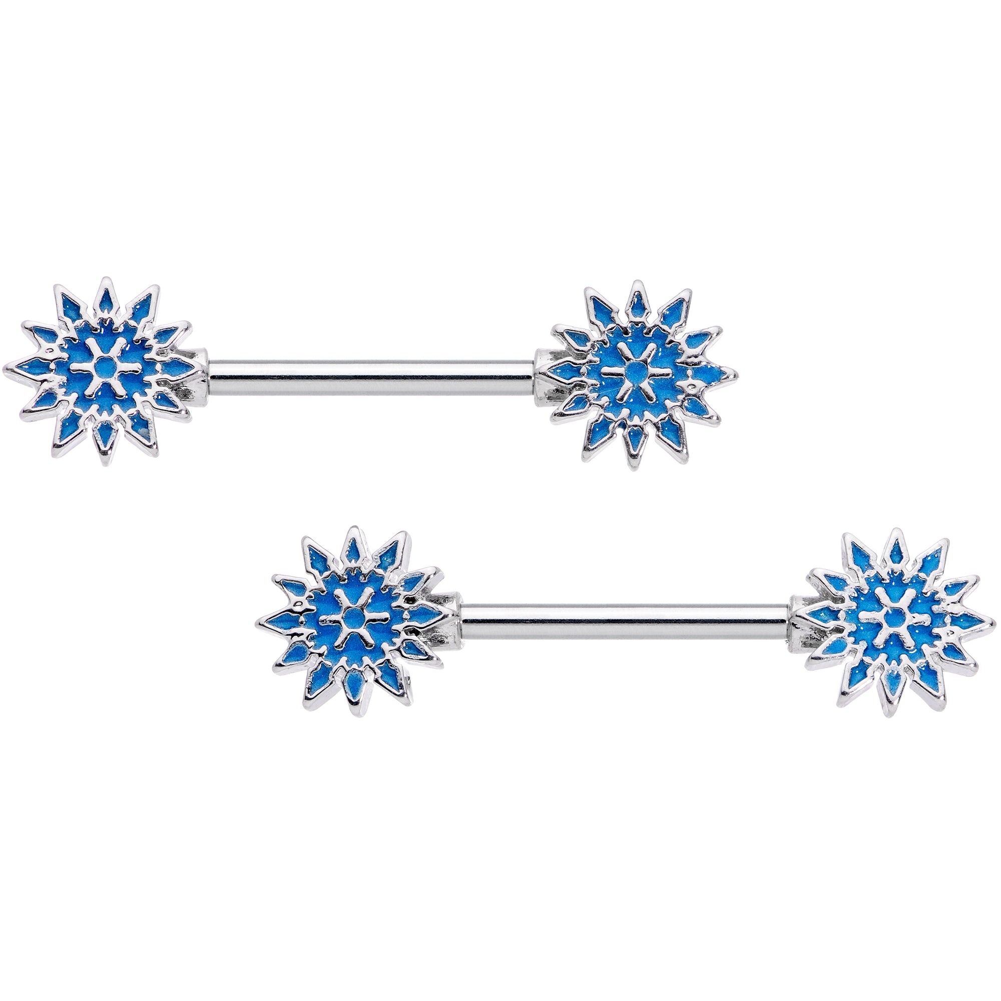 14 Gauge 9/16 Blue Winter Snowflake Christmas Barbell Nipple Ring Set