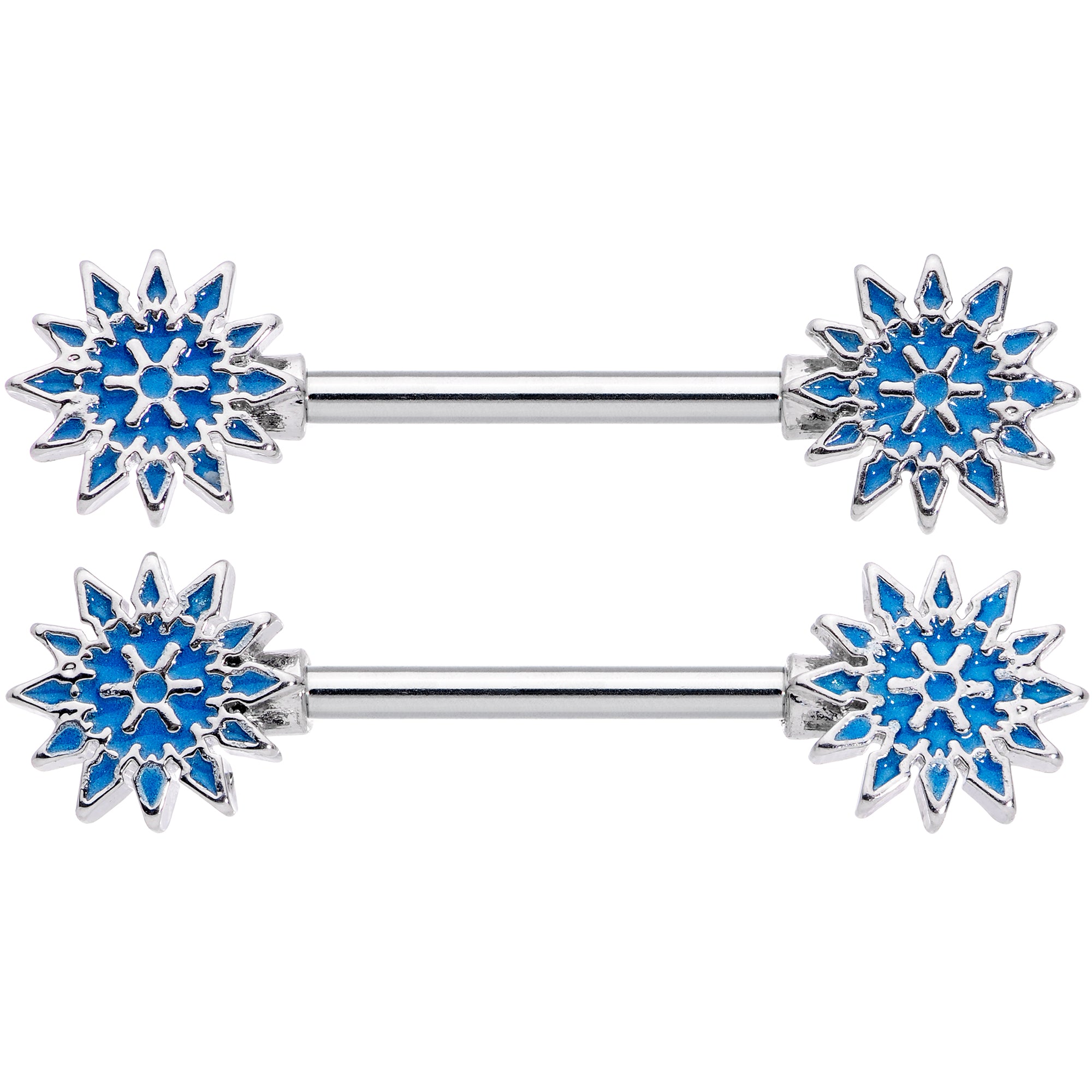 14 Gauge 9/16 Blue Winter Snowflake Christmas Barbell Nipple Ring Set