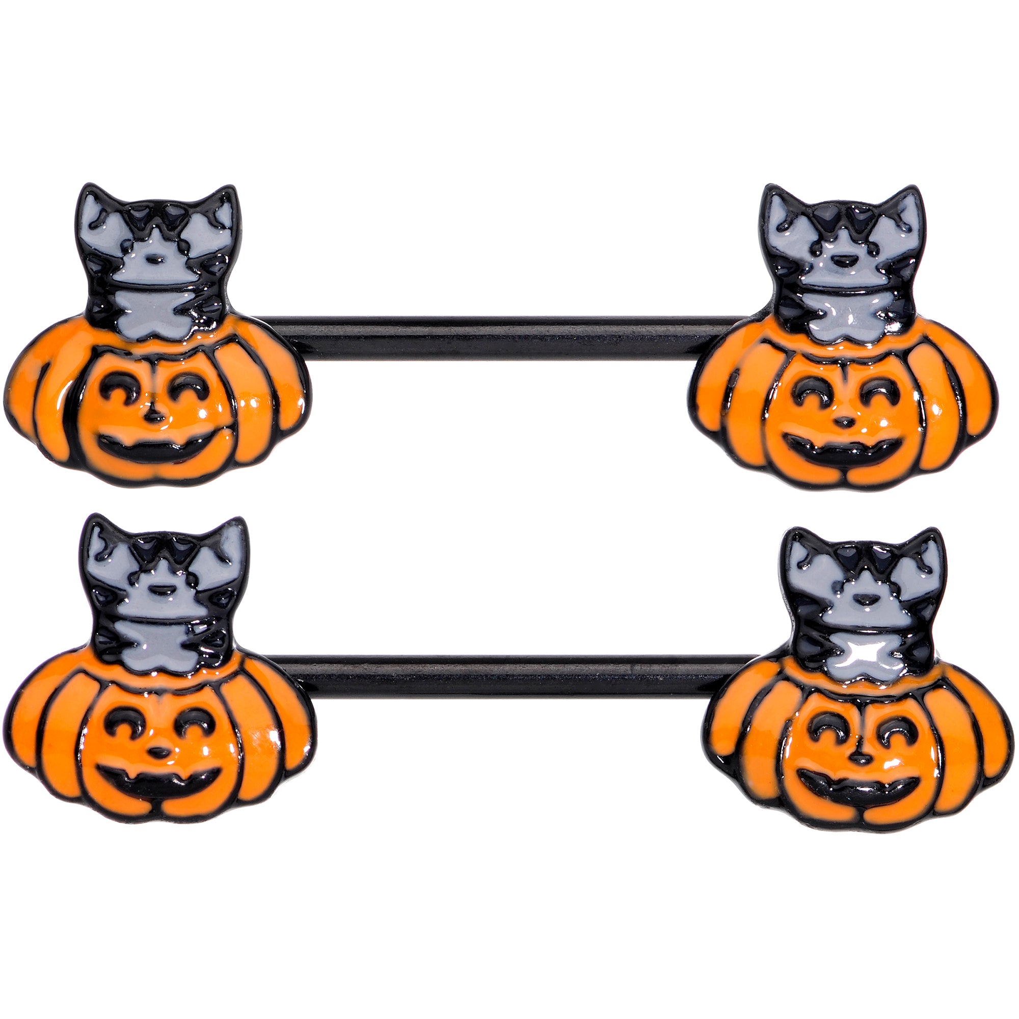 14 Gauge 9/16 Black Cat Surprise Pumpkin Halloween Nipple Ring Set