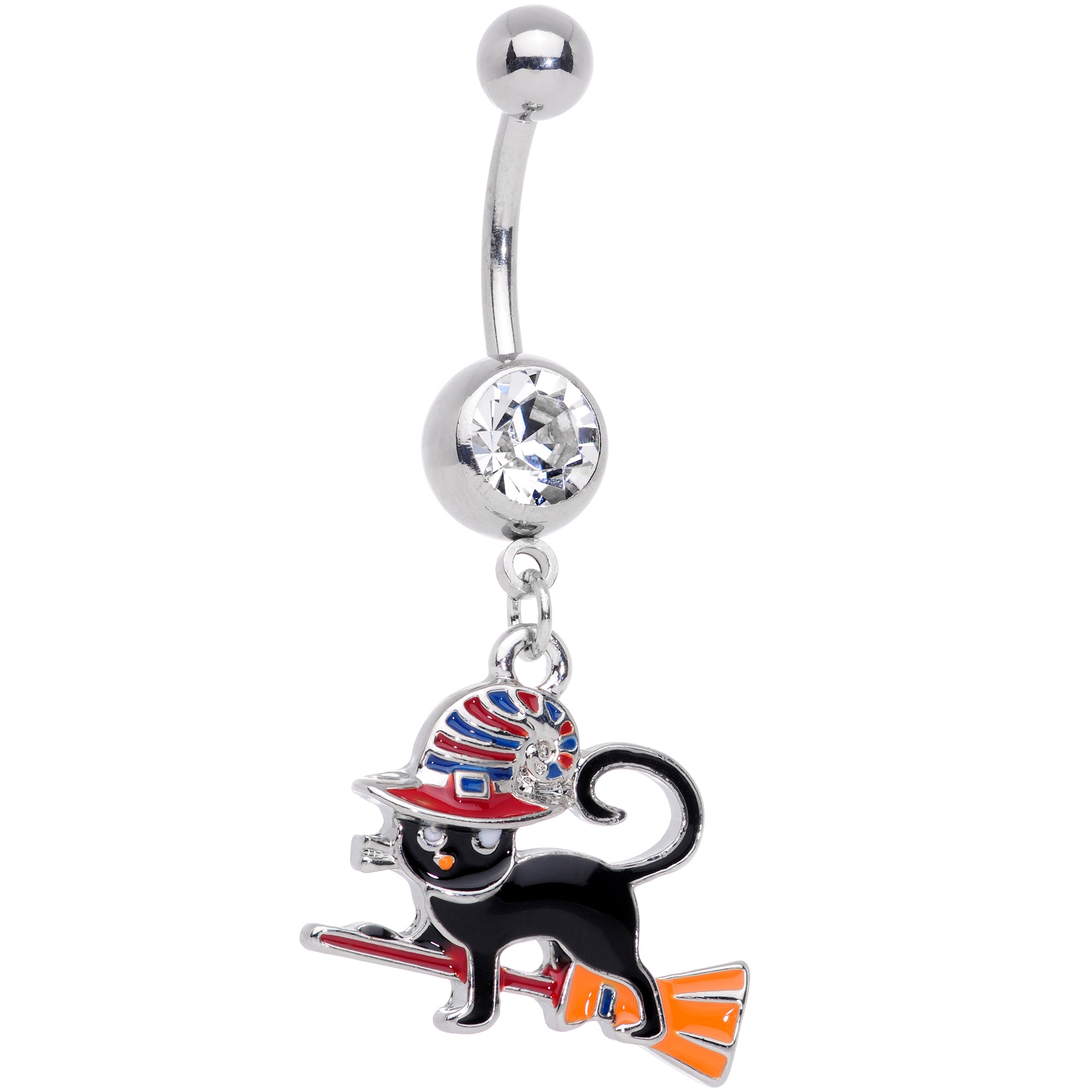 Clear Gem Witch Cat Broom Halloween Dangle Belly Ring