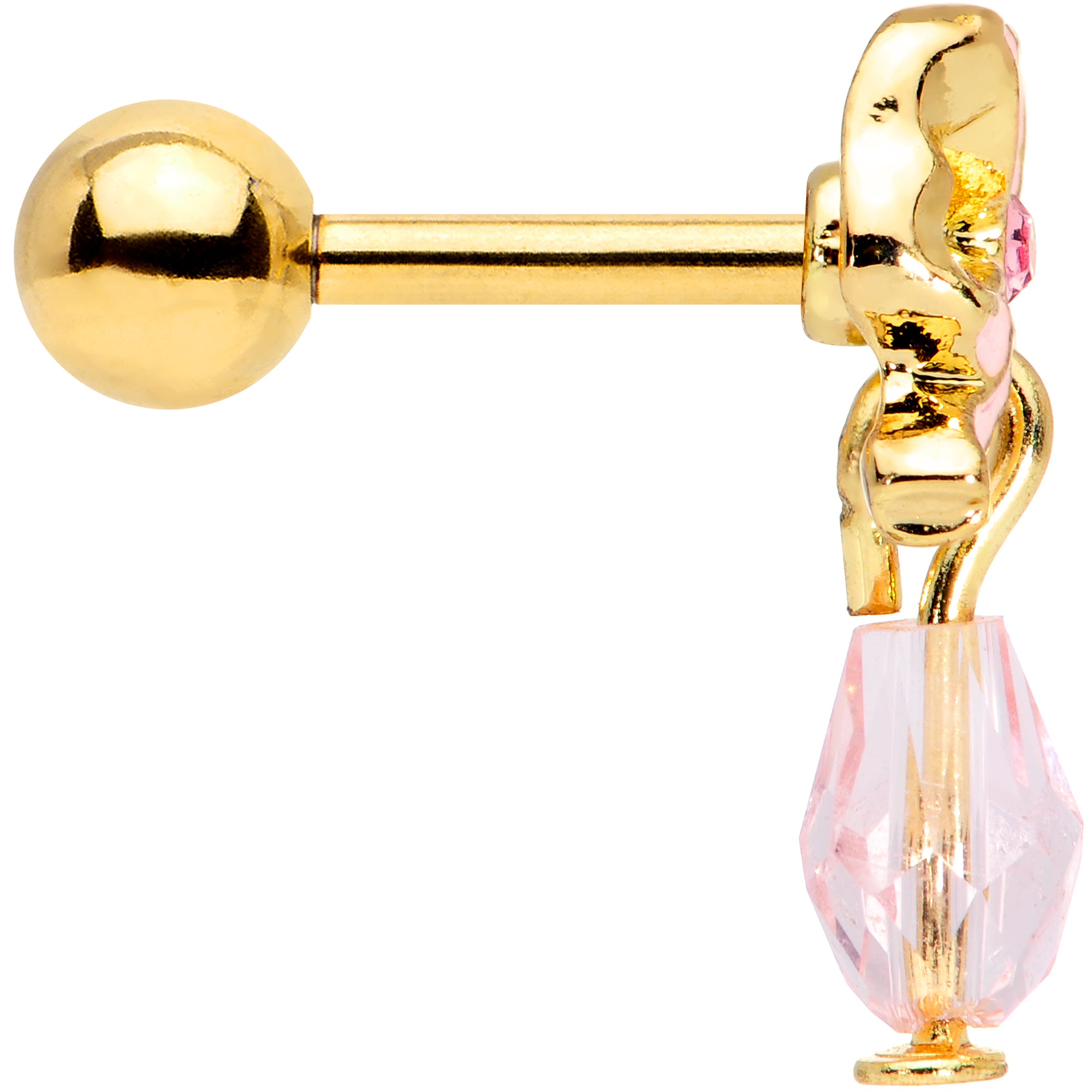 16 Gauge 1/4 Pink Gem Gold Tone Bow Dangle Cartilage Tragus Earring